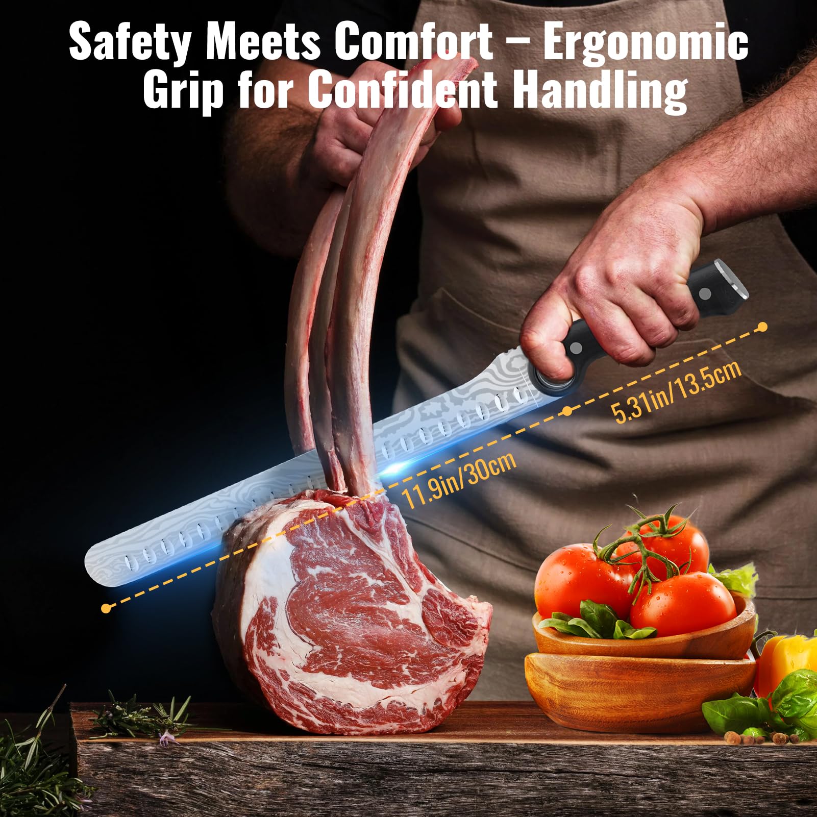 Artisan - Couteau à jambon - Couteau à découper - 30 cm - Couteau à viande et à barbecue - En acier allemand - Poignée ergonomique avec fourreau