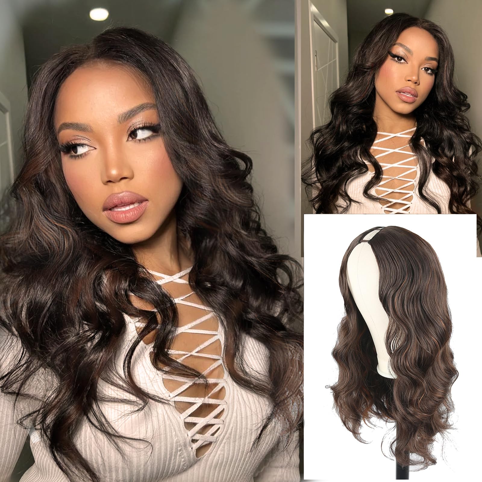 CINHOO Long Body Wave V Part Wigs for Black Women V Shape Wigs Glueluss No Leave Out Wig with Blonde Highlights 24inch Brown Upgrade U Part Wig for