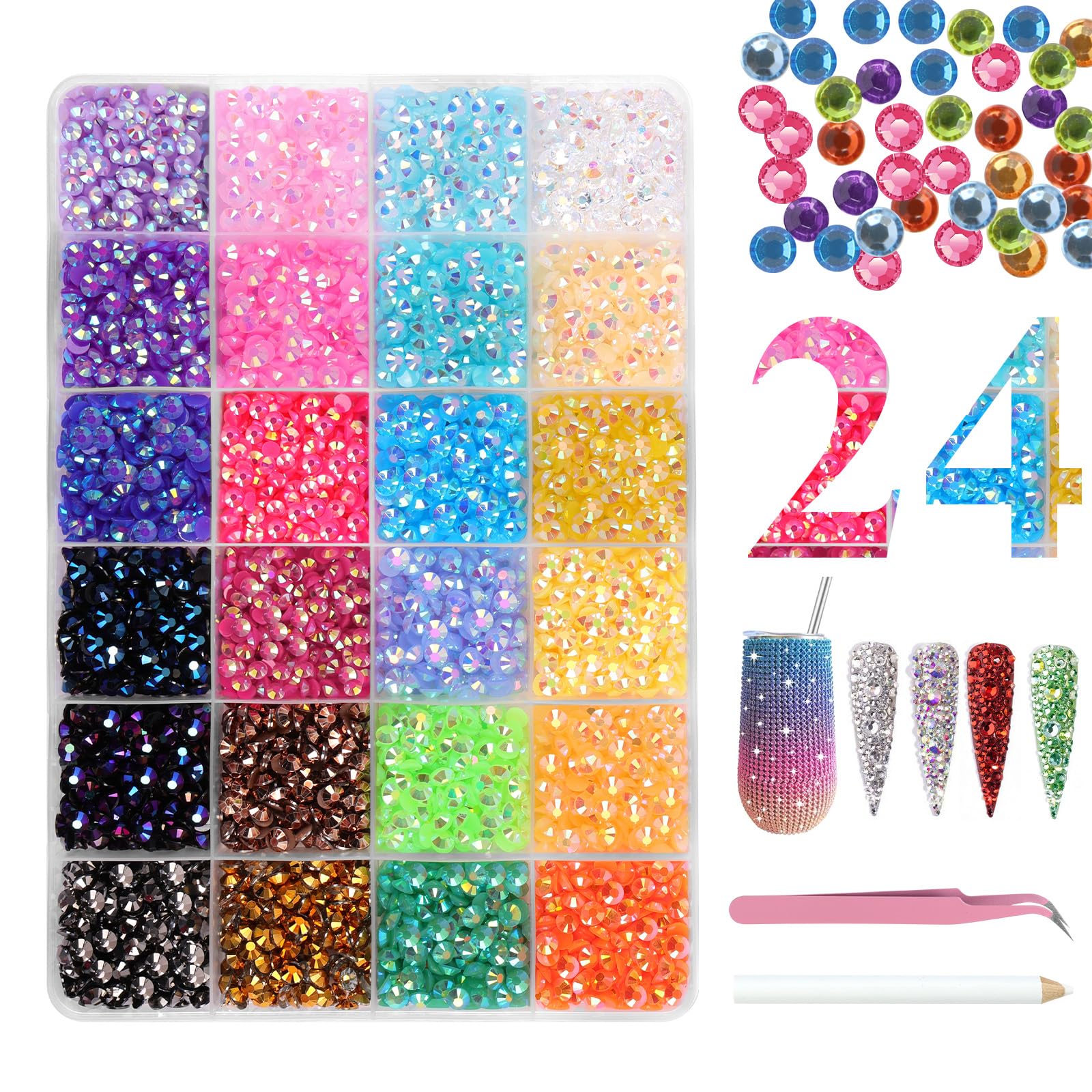 BUTBU Nail Art Rhinestones, 24 Colors 5mm Flat Back Nail Gems for Nails, Resin Bedazzling Kit with Pick Up Tweezers and Pickup Pen, AB Crystal Nail Art Rhinestone for Crafts, Clothes, Face (Set A)