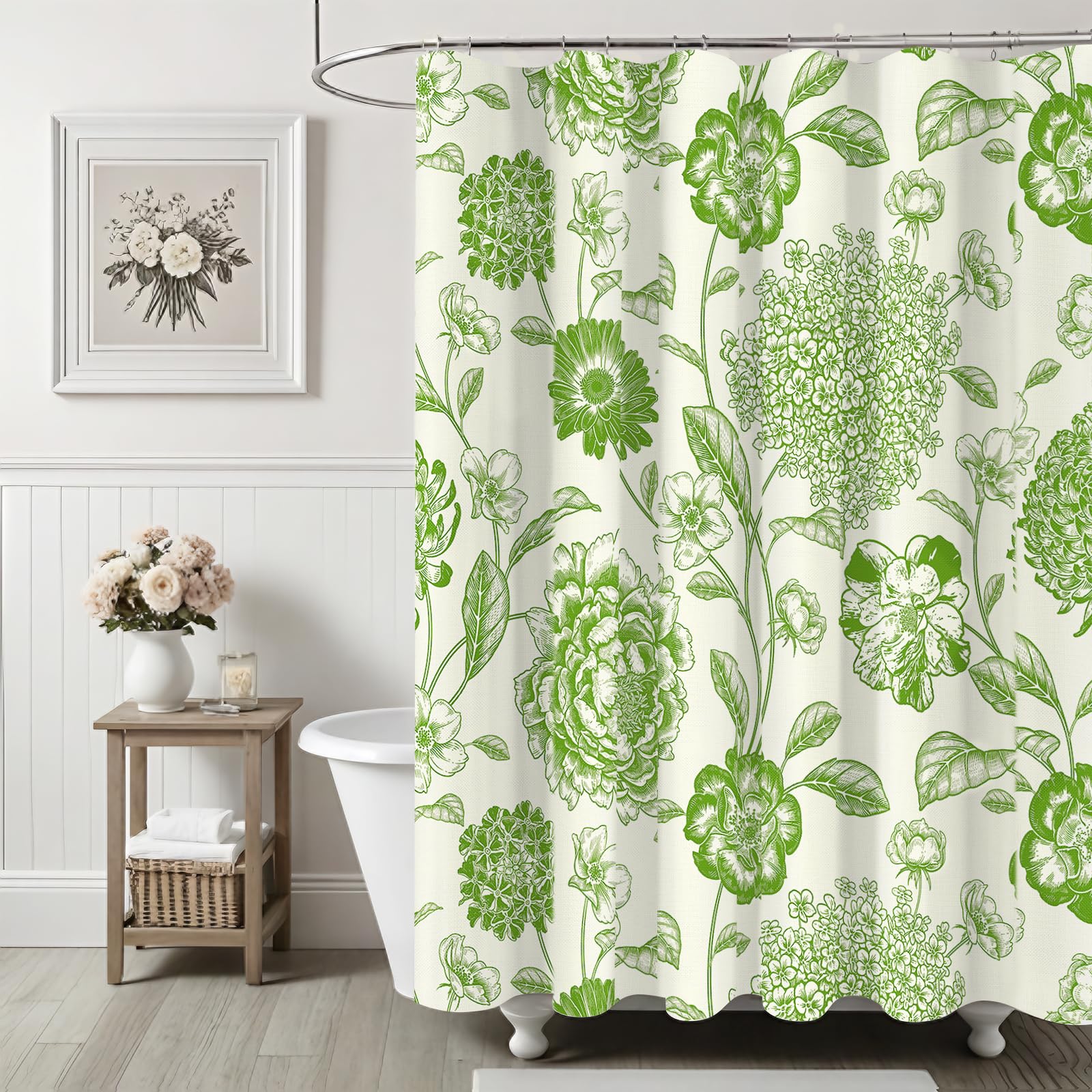 Ksriylm Floral Fabric Shower Curtain with 180*180cm, Linen Bathroom Curtains with 12 Hooks, Water Mould Proof Bathtub Curtain Washable & Quick Dry