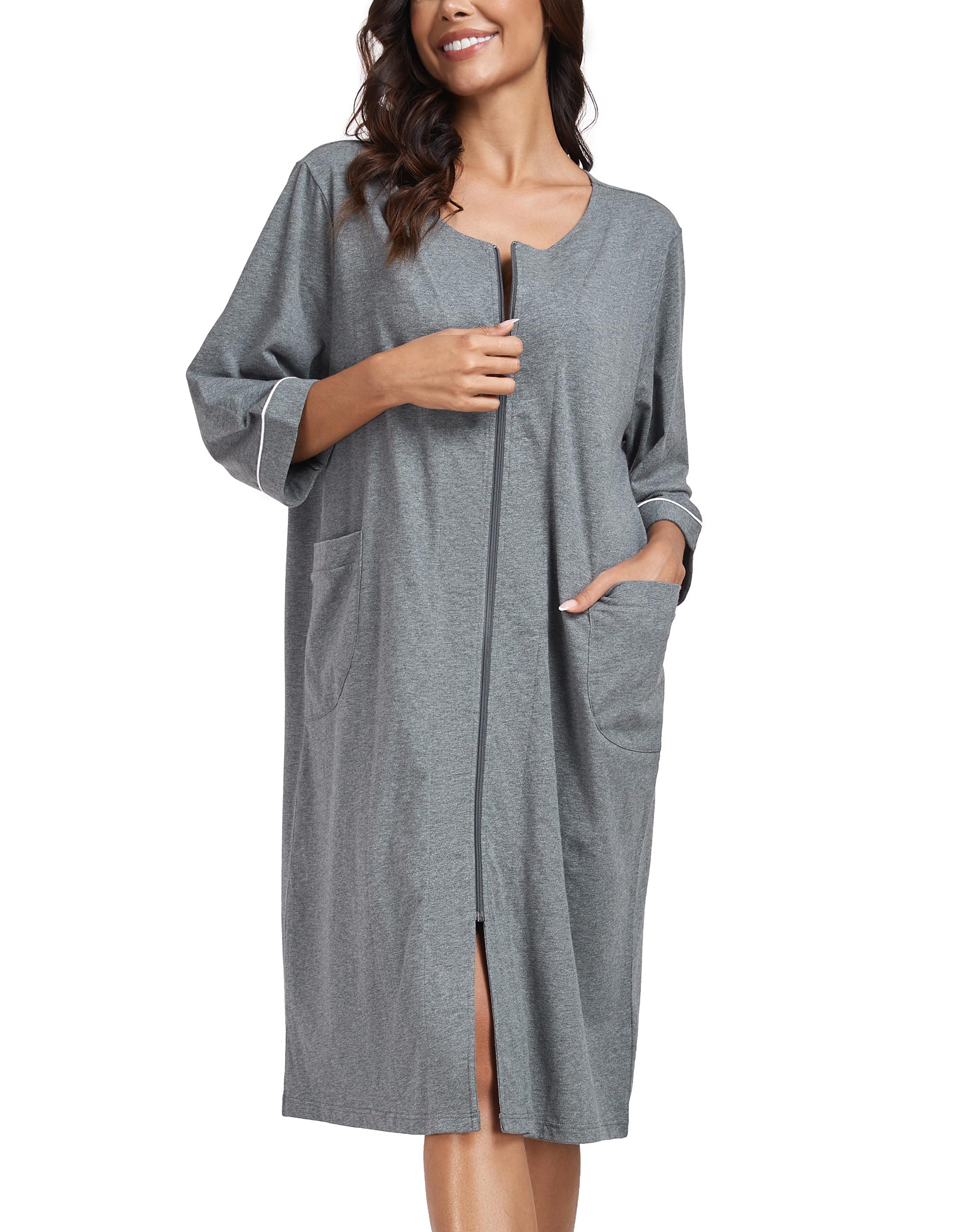 COLORFULLEAF Damen Bademantel mit Reißverschluss Leicht Morgenmantel 100% Baumwolle Hausmantel 3/4 Ärmel Nachthemd mit Taschen