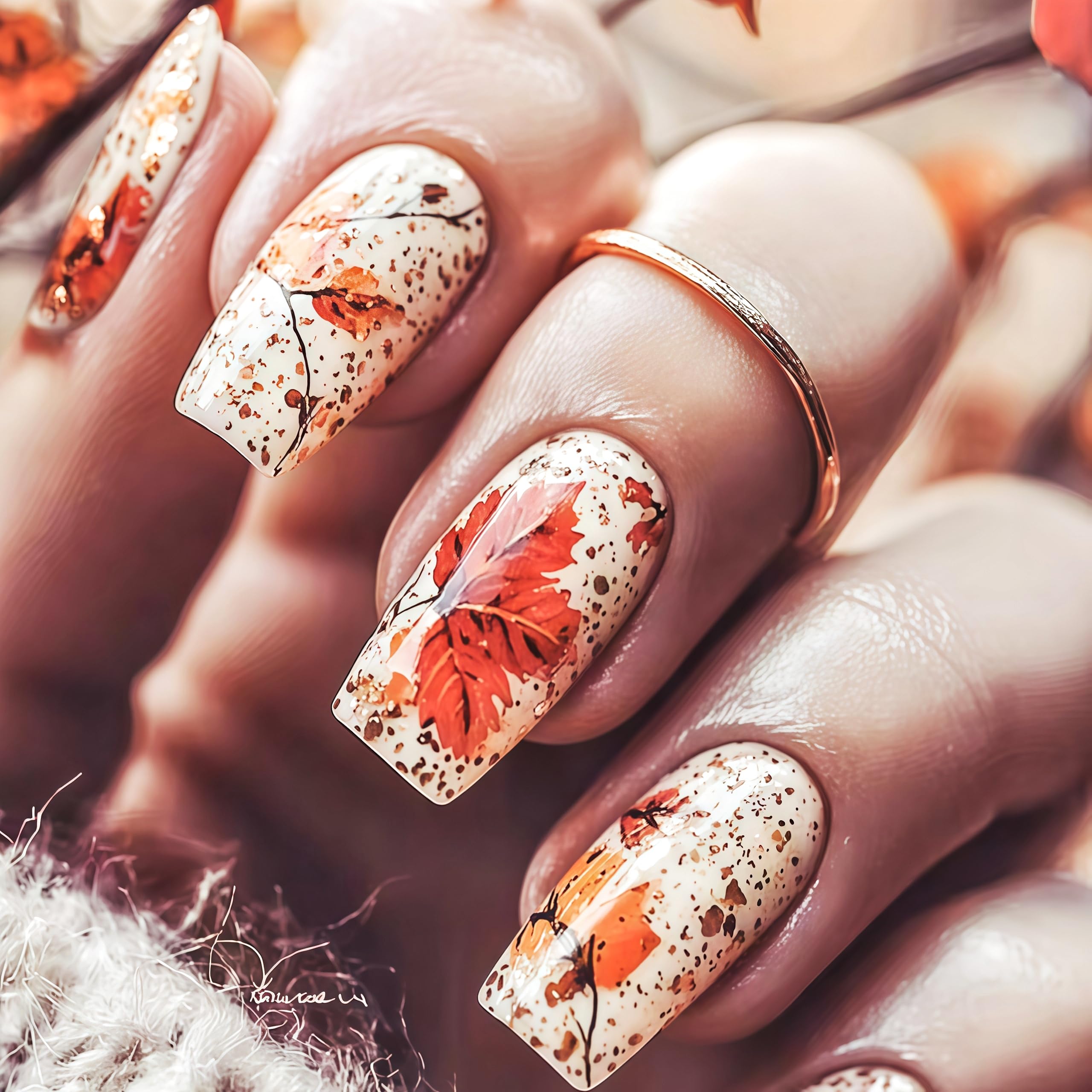 Red Maple Leaves Press on Nails Medium Square Fake Nails Thanksgiving False Nails Full Cover Stick on Nail Acrylic Autumn Maple Leaves Artificial
