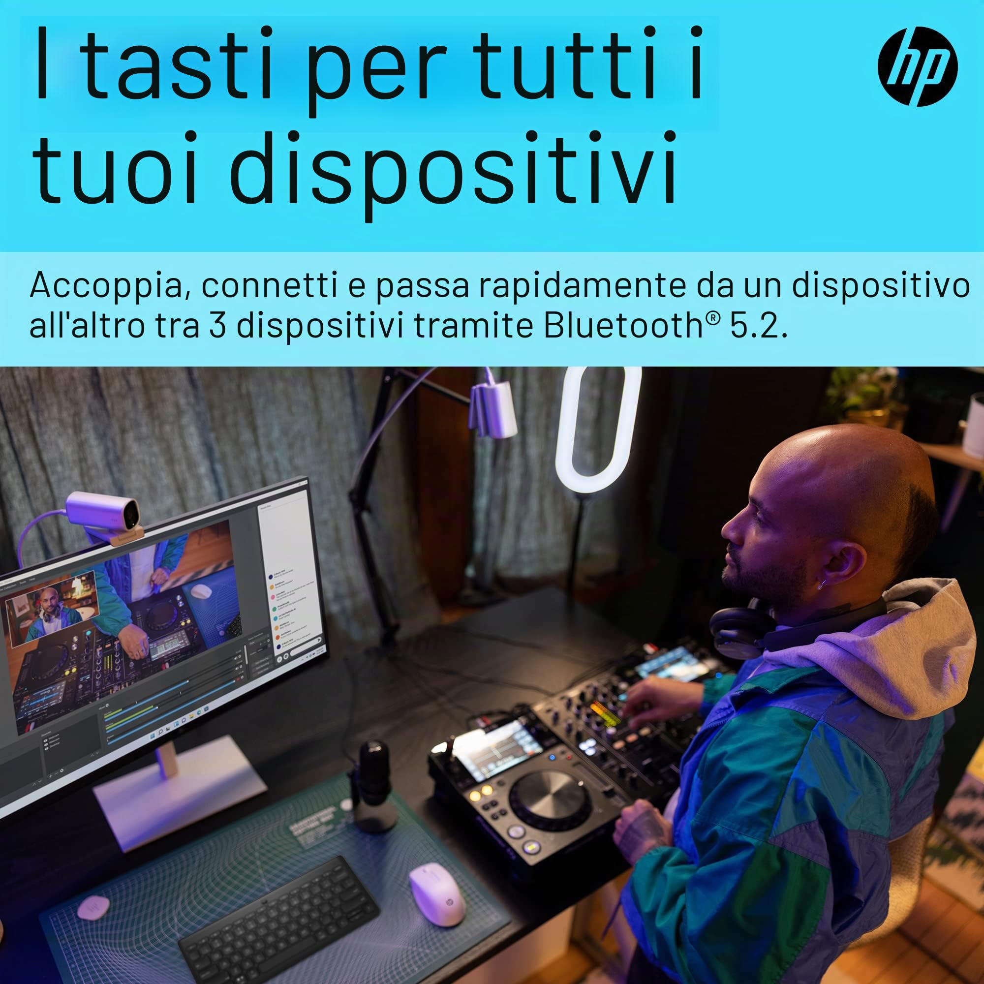 HP Tastiera Bluetooth compatta 350. Connetti fino a 3 dispositivi tramite Bluetooth 5.2, Multi-OS, con scorciatoie intelligenti, tasti di dettatura ed emoji, batteria da 2 anni, realizzata con