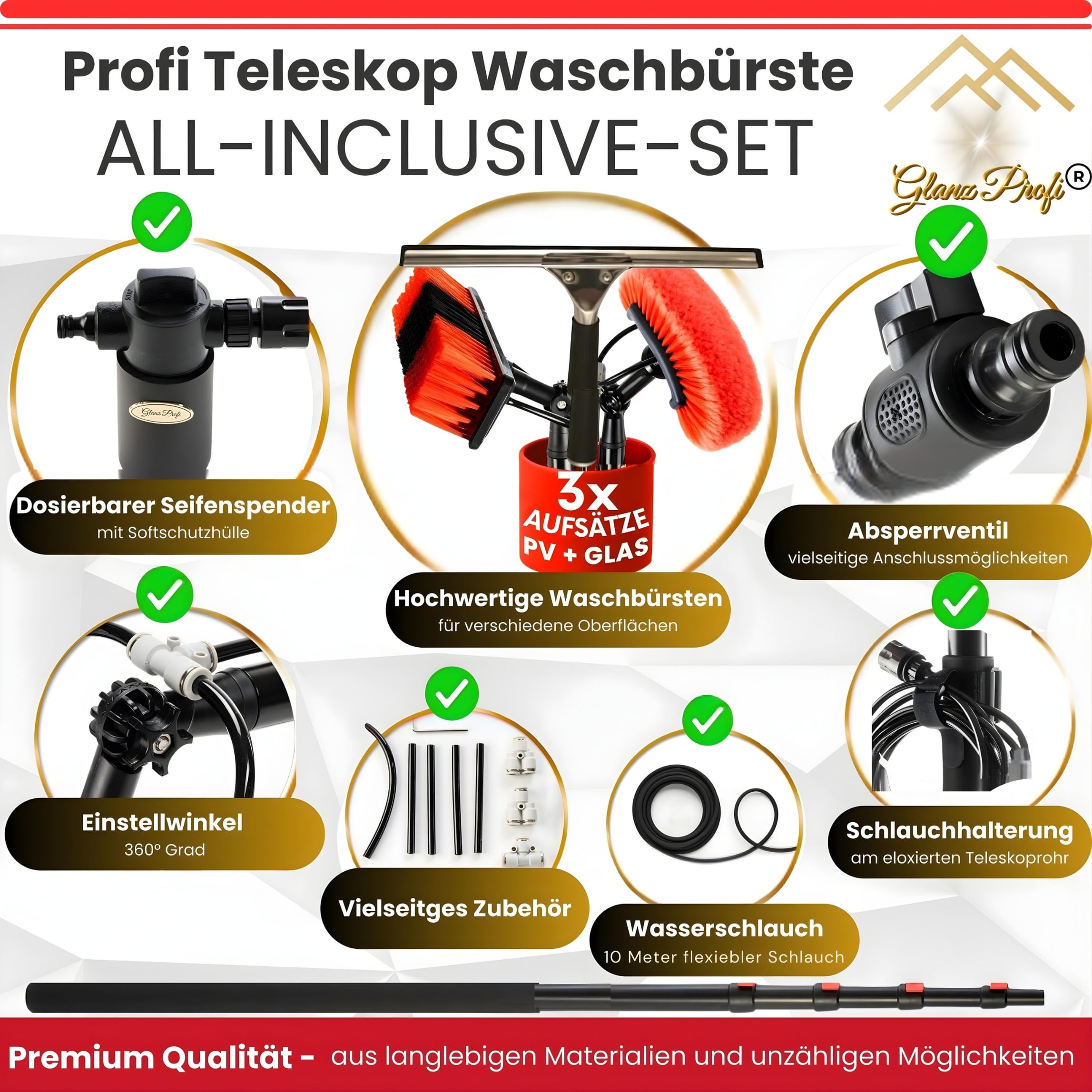 Glanzprofi Profi Teleskop Waschbürste 7,2m wasserführend – Perfekt für PV Anlage Reinigung & PV Reinigungsbürste – Teleskopbesen Solaranlage & Waschbürste mit Teleskopstiel