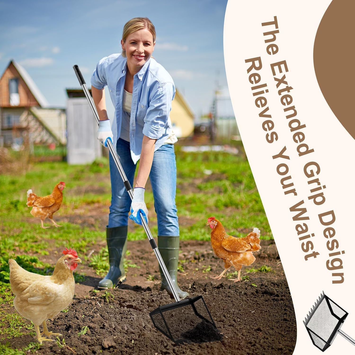 Pala de Metal para Gallinero Ajustable 4 in1 91-157cm Pala para Gallinas para la Limpieza, Herramientas de Limpieza para Gallineros