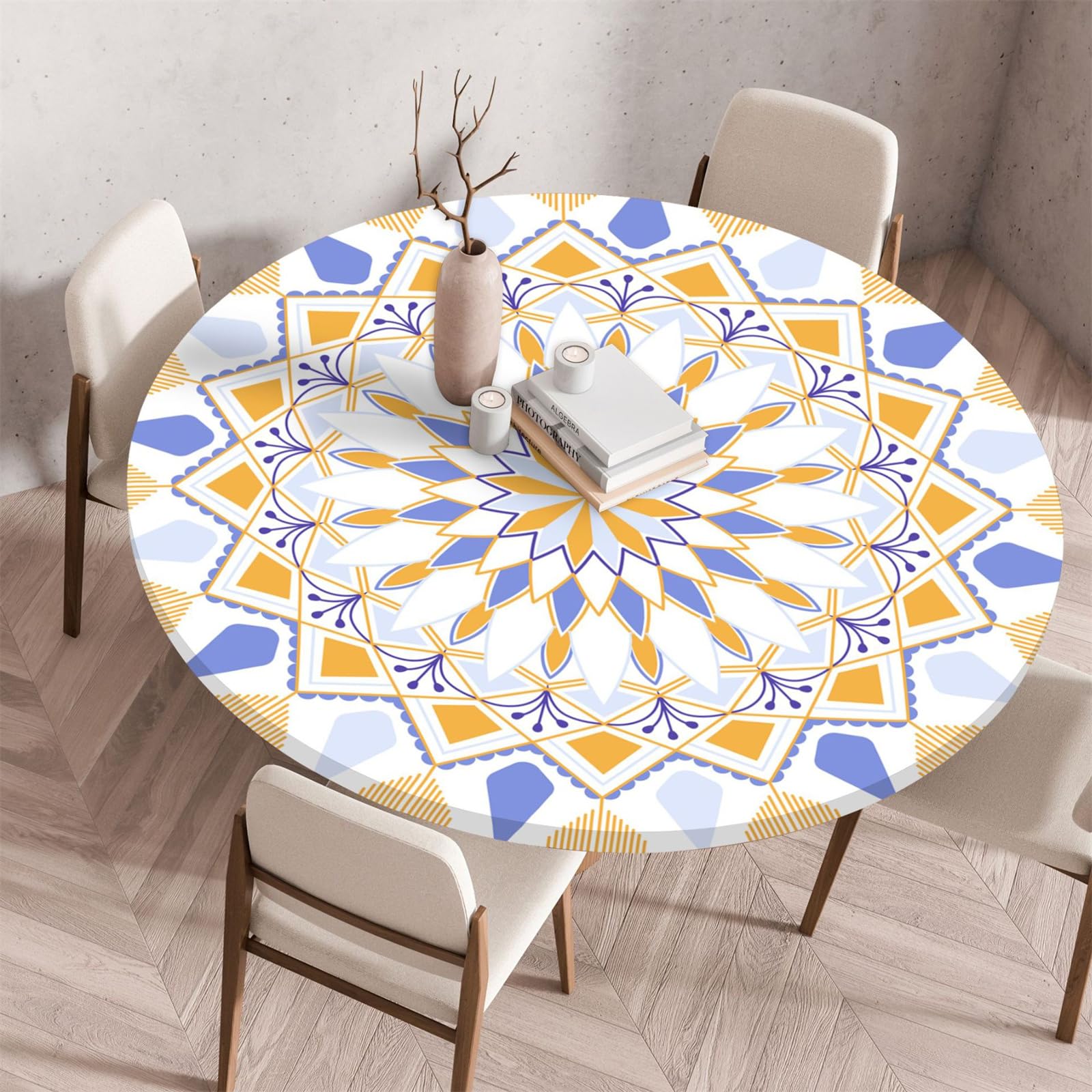 Highdi 3D Mantel Redondo con Bordes Elástica, Mantel Mesa Redonda Ajustable Protector de Mesas Redondas Manteles Antimanchas para Picnic Comedor Cocina (80cm,Mandala C)