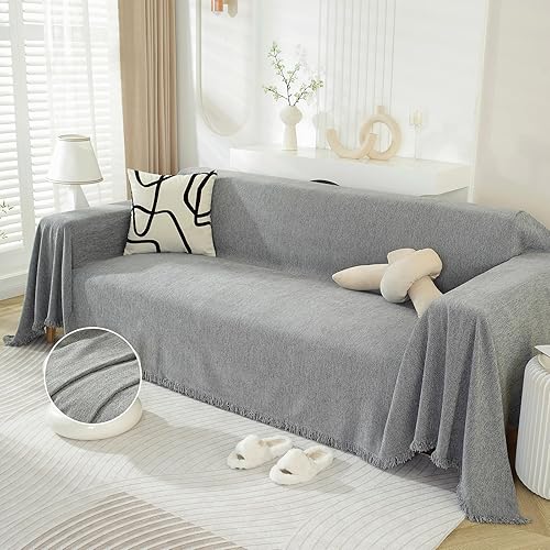 DREAMINGO Funda minimalista moderna para sofá modular de 3 plazas, color gris claro, lavable, de chenilla, para perros, funda bohemia de espiga para