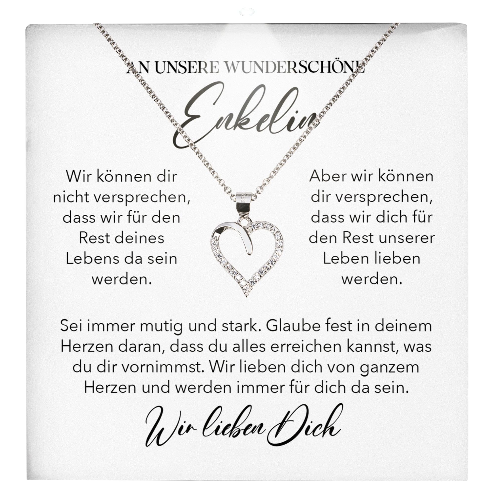 Echt Silber 925 Damen Colliers mit 23 Zirkonia Steinen Herz Halsketten Botschaftskarten Made In Germany