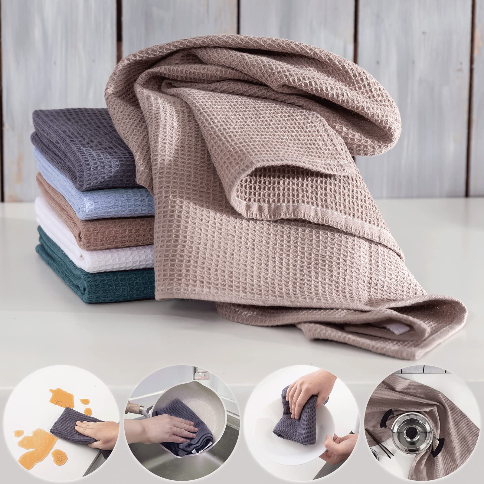6 Torchons Gaufrés En Coton 100% Naturel – Gris Anthracite – Ultra Absorbants Et Durables