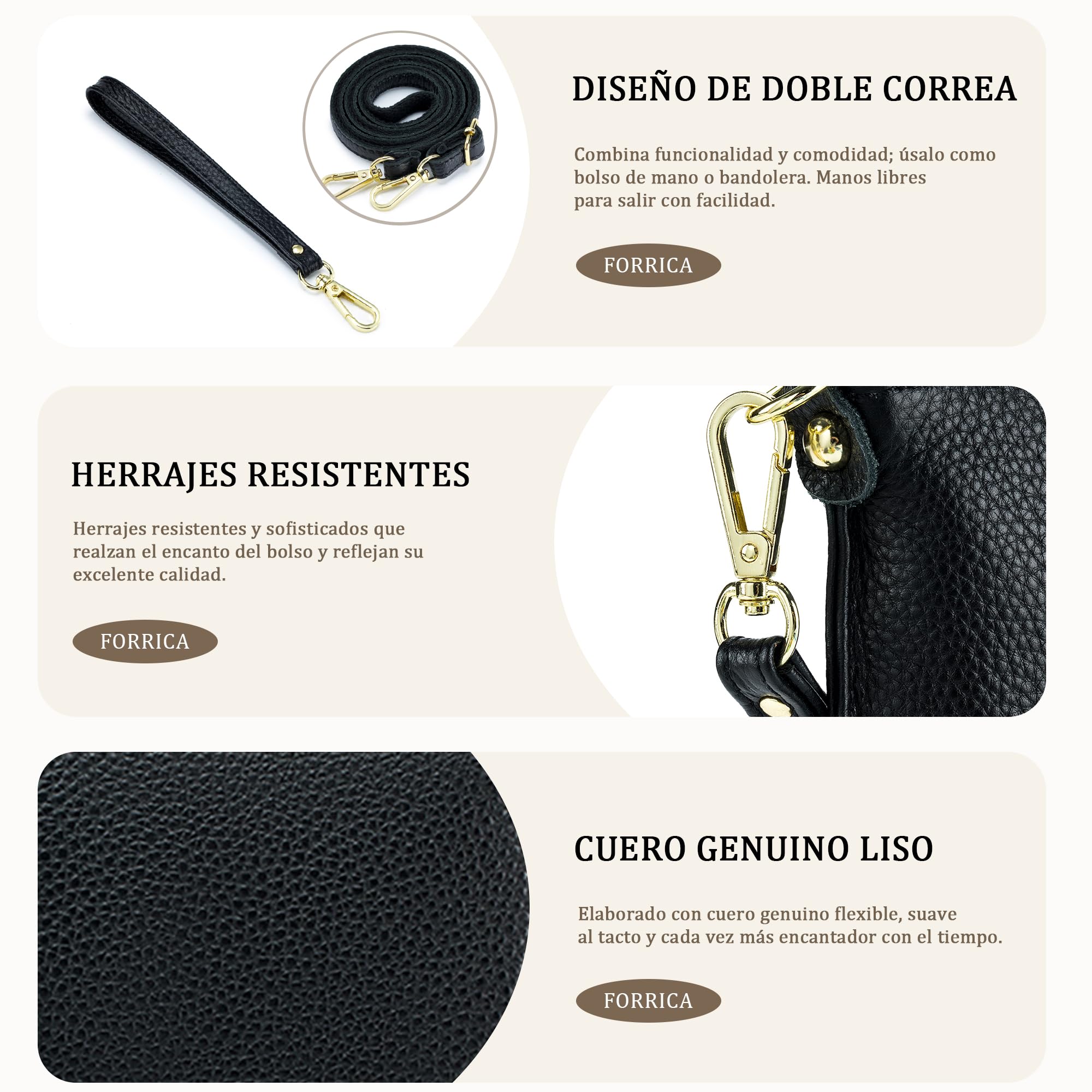 Cartera Mujer Bolso Bandolera Pequeño Bolso de Teléfono Móvil Cuero Genuino Crossbody Bolsas Cremallera Monedero con Correas de Muñeca Negro Medianoche