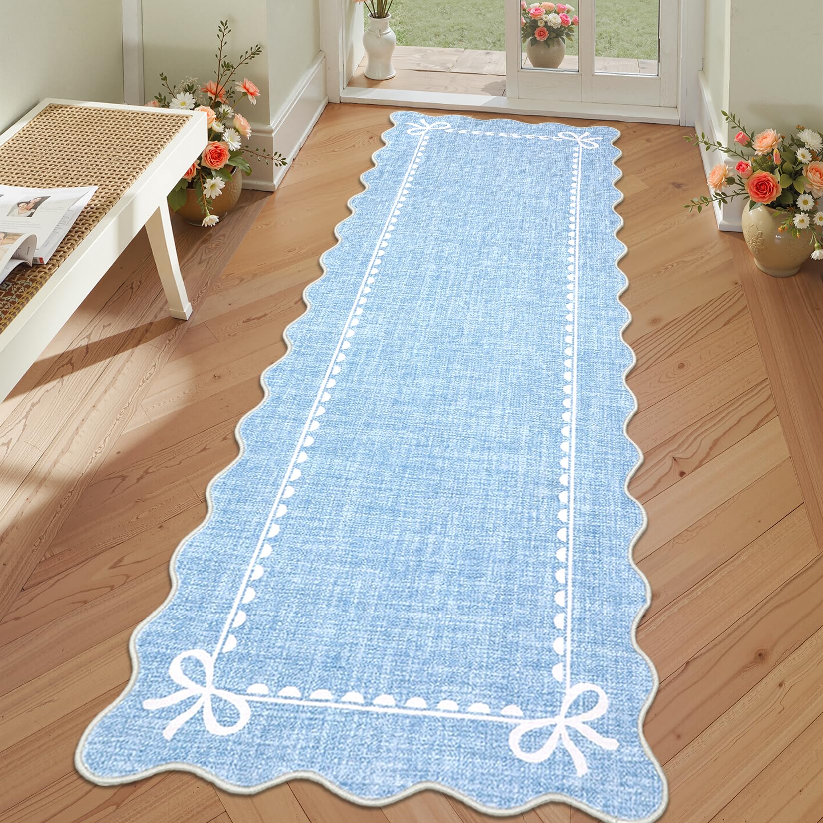 GarveeHome Scalloped Bow Rug for Living Room, Solid Blue Rug for Dorm, Washable Runner Rugs 2x6 Soft Low Pile Non Slip Scalloped Rugs for Nursery