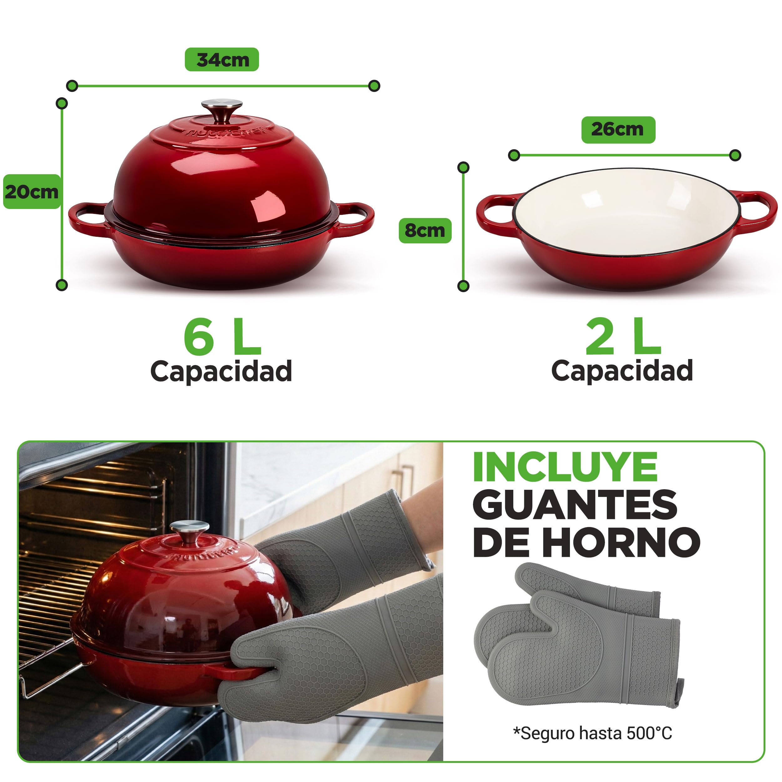 NutriChef horno holandés redondo de hierro fundido esmaltado para pan de masa madre, Molde con tapa tipo domo, Incluye guantes de silicona, 26 cms