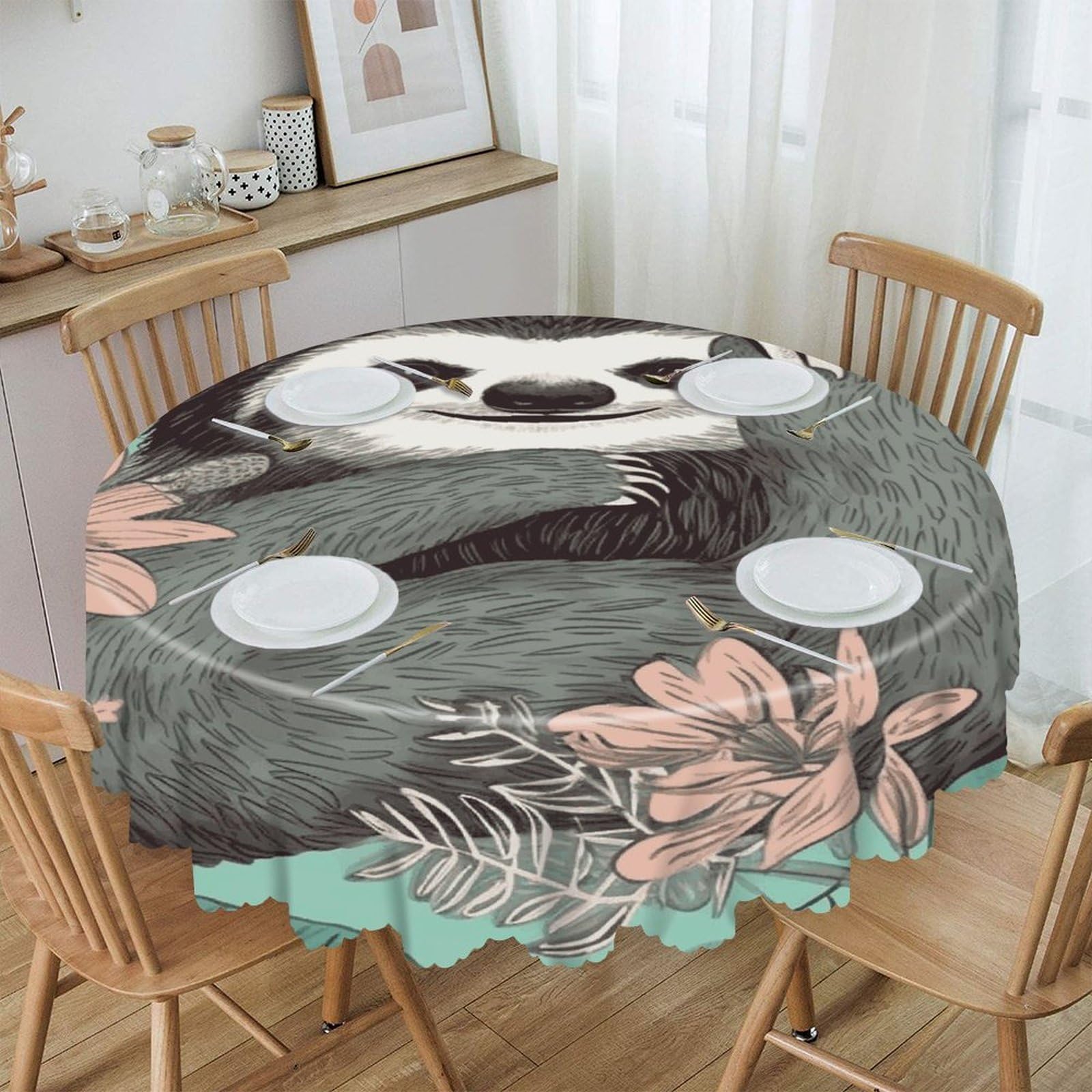 VstaDank Animal Sloth Mint Green Round Tablecloth 60 Inch Easy to Clean Circle Table Cover Thick Decorative Round Polyester Table Cloth for Dining Kitchen Party Farmhouse Outdoor