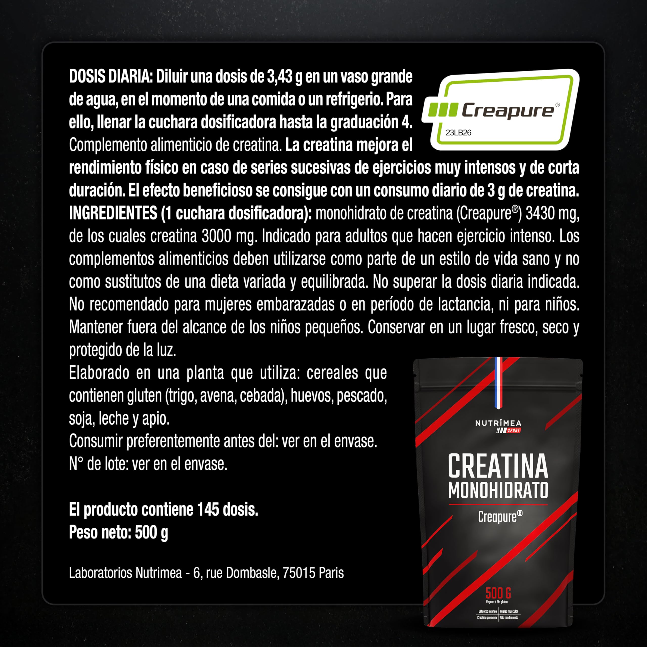 Creatina Monohidrato | Creapure | 3000 mg | Micronizada | 500 g