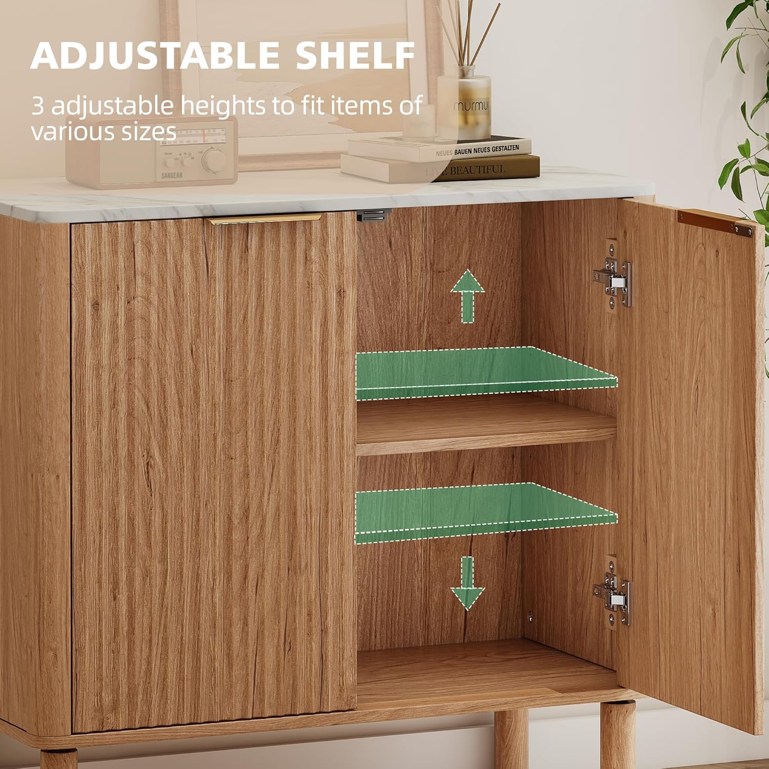 Fluted Cabinet with Storage,Metal Handle,Marble-Pattern Sideboard Buffet Cabinet,Mid Century Modern Cabinet,31.5 Inches Side Board for Dining Room Living Room Kitchen Hallway Entryway