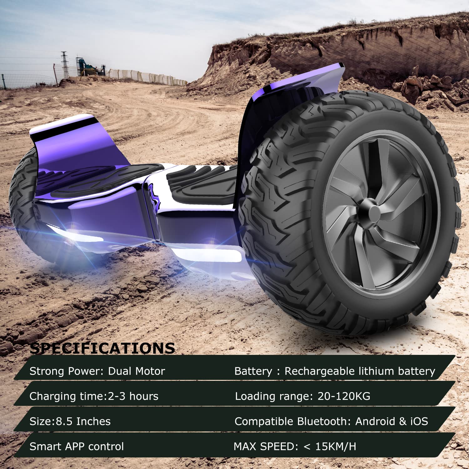 GeekMe Deska hoverboard, offroadowa, 8,5", SUV, sterowanie aplikacją, głośnik Bluetooth, podwójny silnik, światła LED, terenowe deski hoverboard dla dzieci i dorosłych