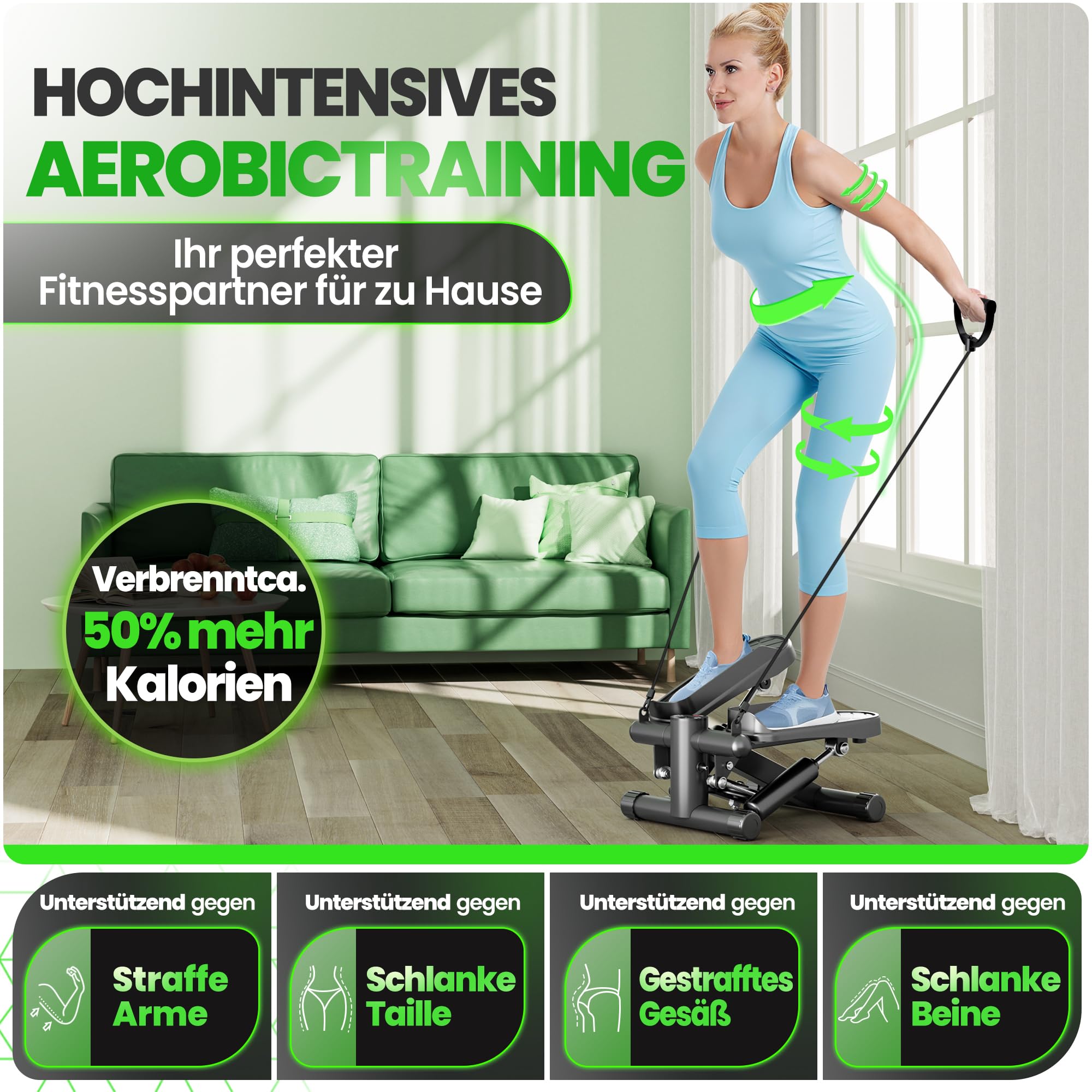 Ultrasport Stepper für Zuhause I Mini Stepper Fitness, 2 in 1 Up-Down Swing Stepper mit Power Ropes und LCD Display I Fitness Stepper für Zuhause, Ministepper