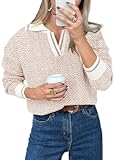 Womens Fall Sweaters Tops Lapel V Neck Knit Sweater Color Block Long Sleeve Casual Soft Pullover Shirt