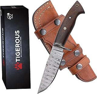 Handmade Damascus Hunting Knife with Scout Horizontal Carry Leather Sheath - EDC Bushcraft Full Tang Fixed Blade for Camping, Hiking, Skinning, Survival, Knives for Men Gift - TIGEROUS