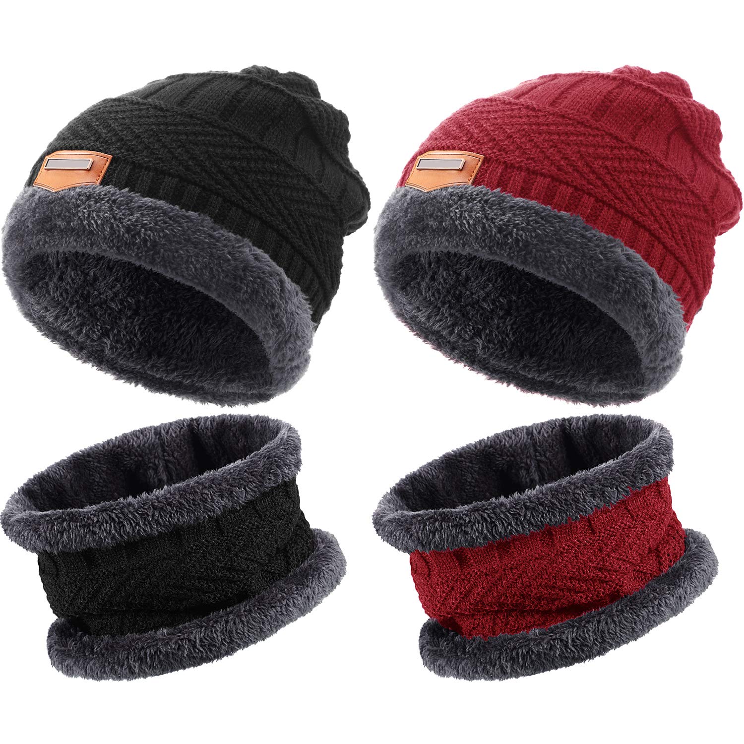 4 Pieces Winter Beanie Hat Scarf Set Fleece Lined Skull Cap Winter Hat and Neck Warmers Scarf for Men and Women