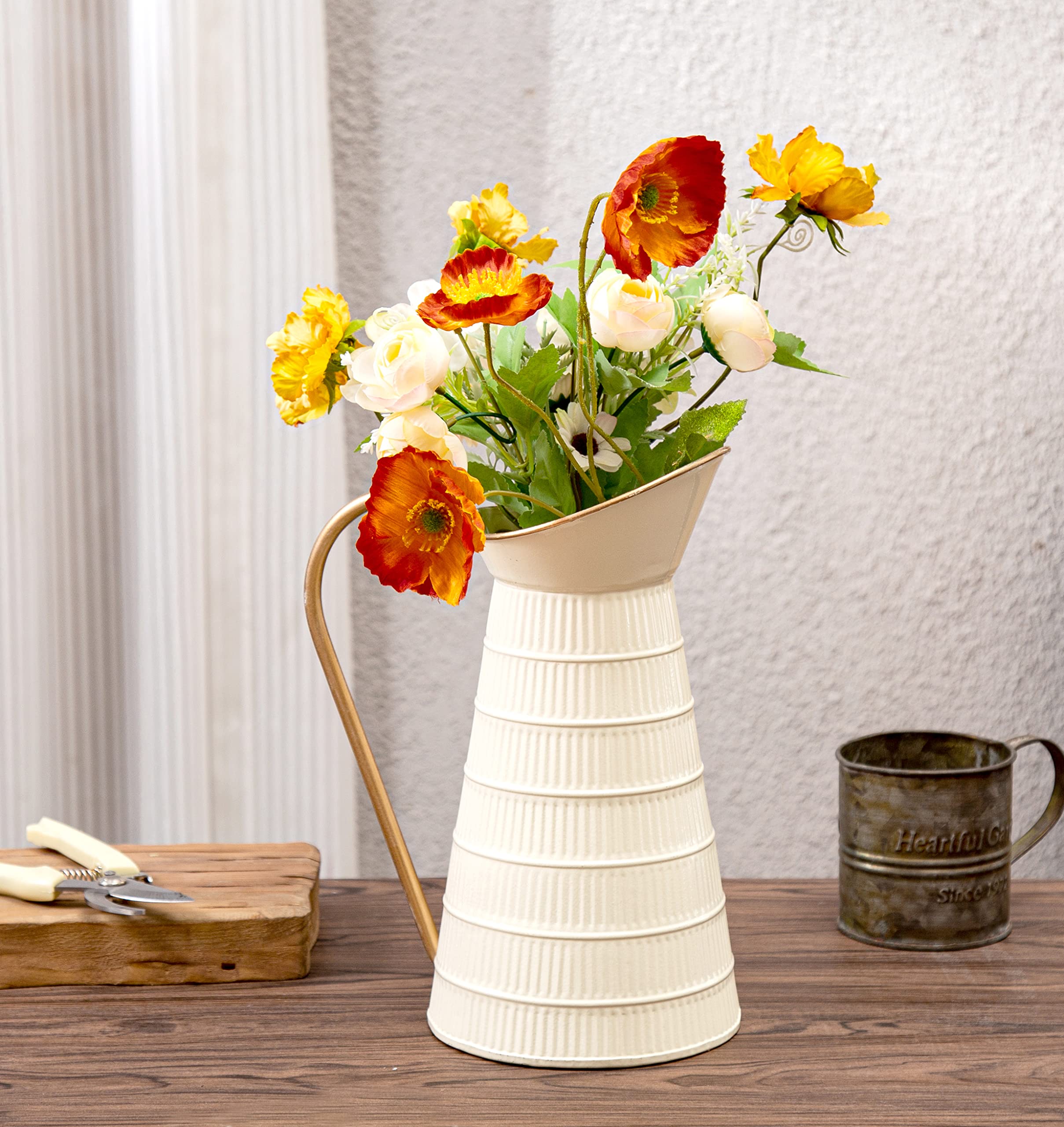 Elegante jarrón de Metal Blanco Crema, jarrón galvanizado de Granja, Jarra de Leche Decorativa rústica para Flores