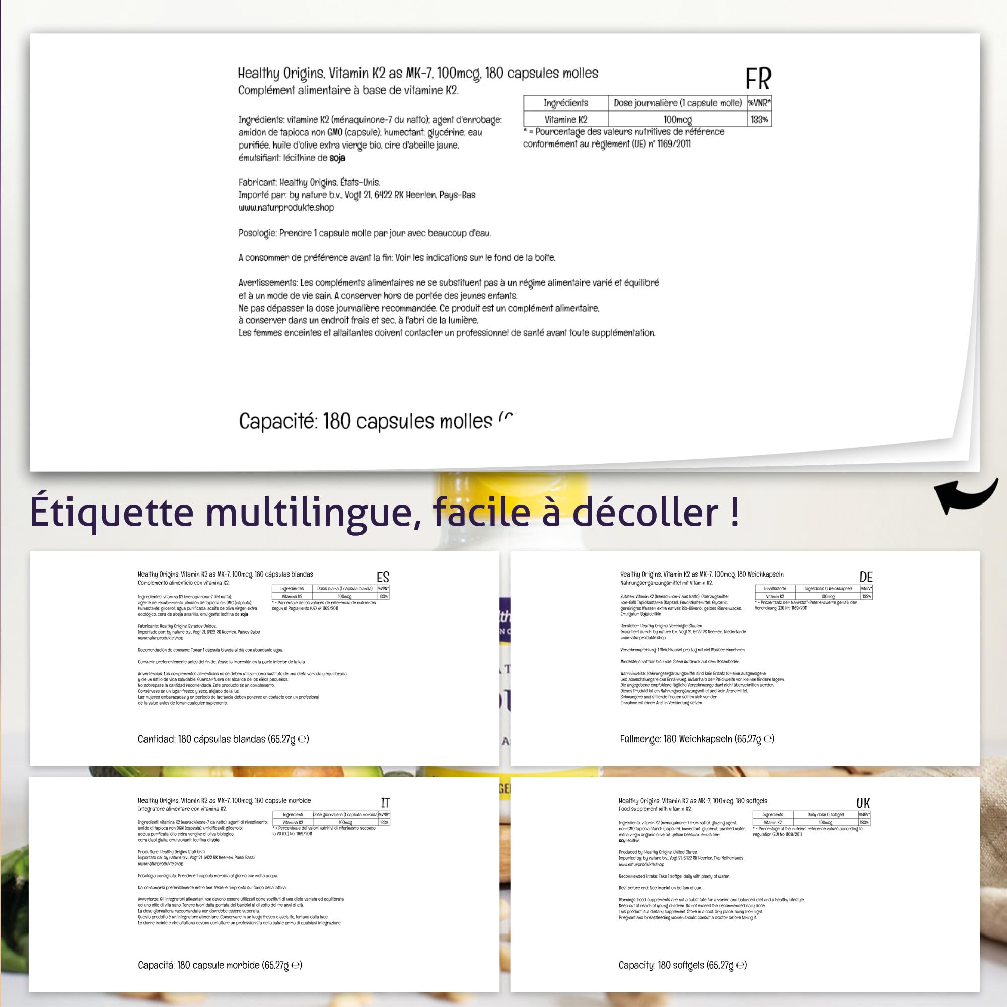 Healthy Origins, Vitamin K2 comme MK7, 100 mcg, 180 Gélules végétales, Hautement Dosé, Sans Gluten, Sans Soja, Sans OGM