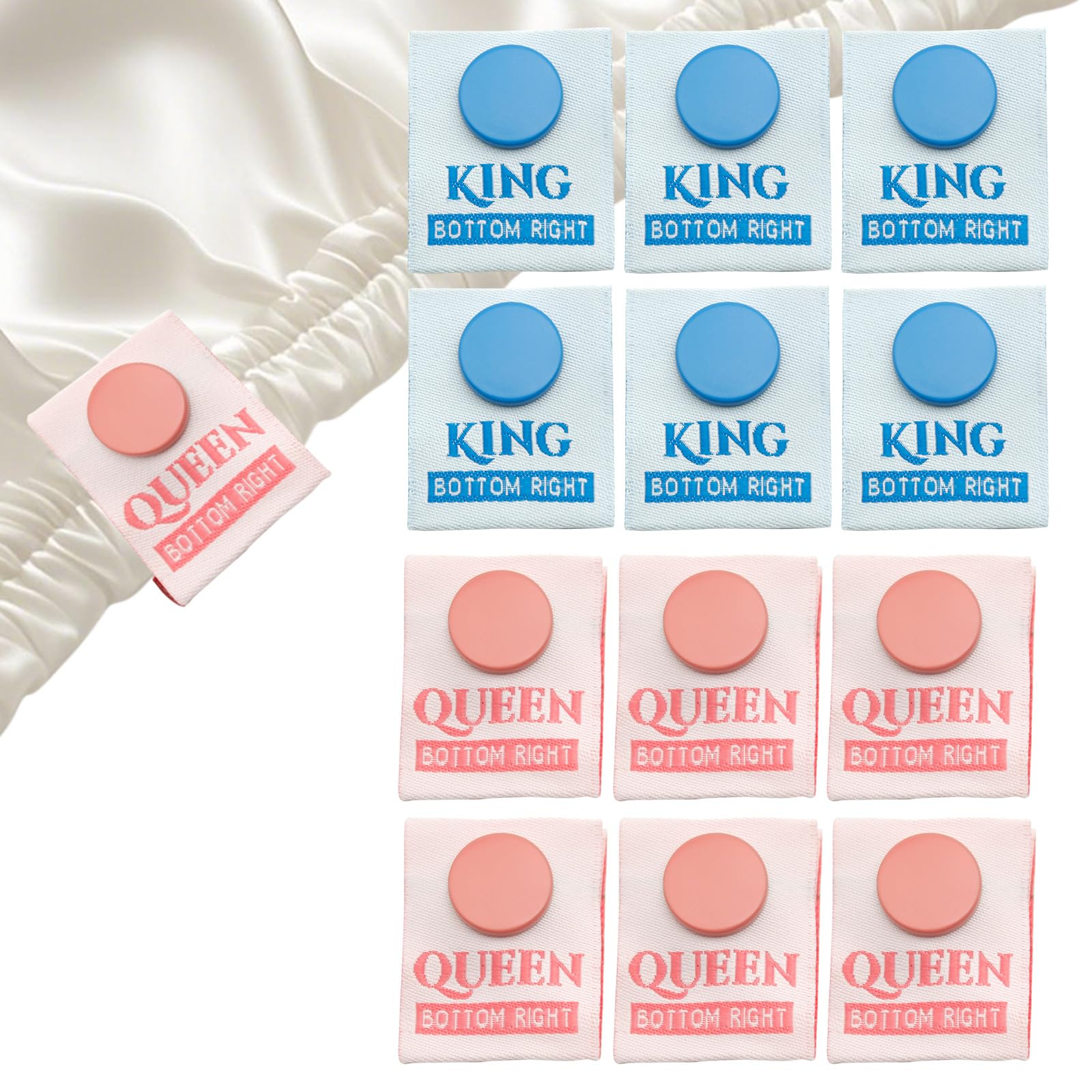 XMJY 12-Pack Color Coded Bed Sheet Labels, 6 Pink Queen 6 Sky Blue King Snaps, Machine Washable Bedding Size Identifiers, Essential Linen Closet Organizer for Home