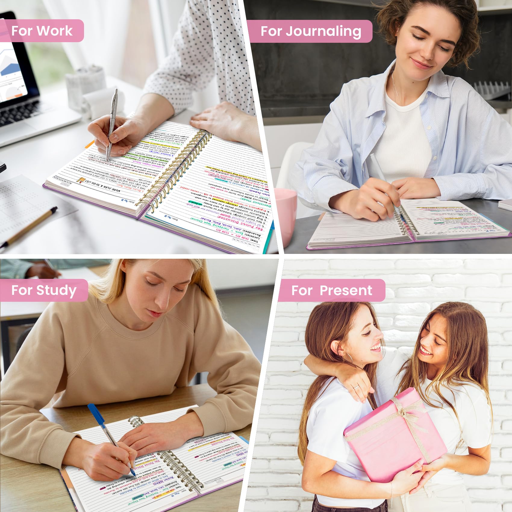 Cuaderno grande en espiral con separadores y pestañas, 8.5 x 11 pulgadas, tapa dura, cuaderno de 5 asignaturas para el trabajo, 280 páginas, rayas universitarias, bonito diario para mujeres, perfecto