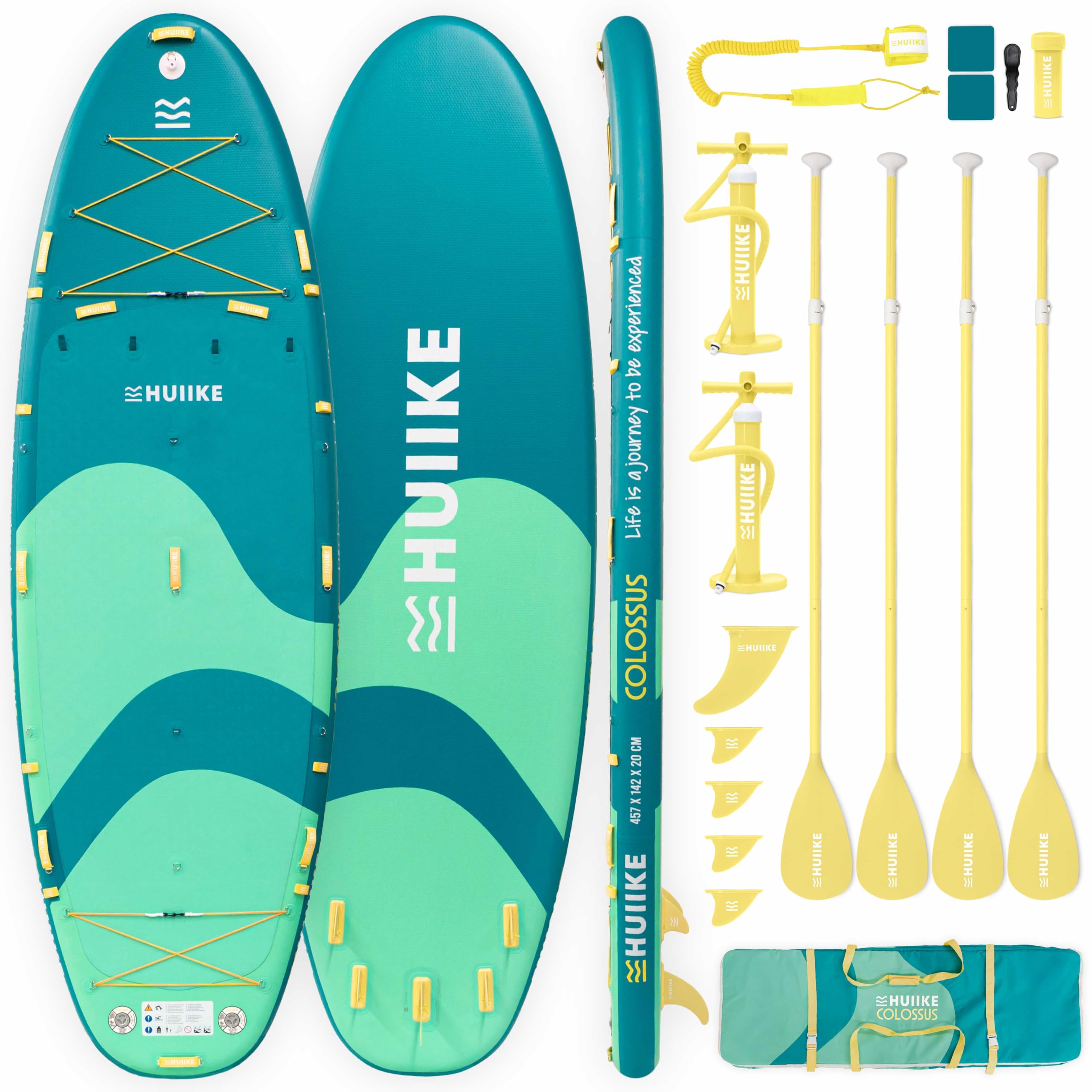 HUIIKE Stand Up Paddle Board 15' dla 4 Osób z Dołączone Akcesoria, 4 Wiosłami, 2 Pompkami, Statecznikami, Leash, Torbą. Pompowana Deska SUP Wysokiej Stabilności i Wytrzymałości. Udźwig 480 kg