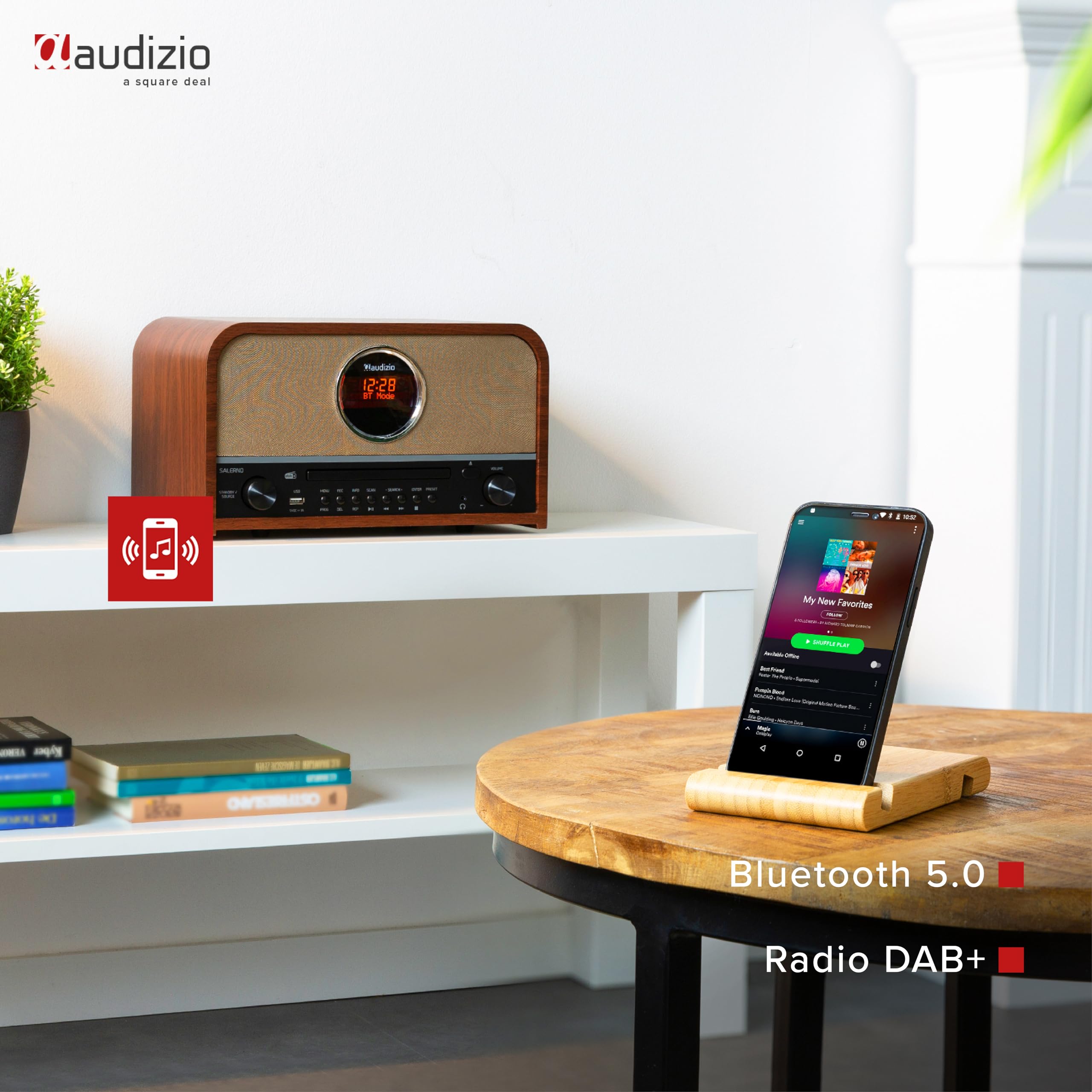 Audizio Salerno Radio Dab+ avec Lecteur CD - Bluetooth 5.0, Affichage LCD, Horloge et Minuterie, Sortie Casque, Télécommande Incluse, Idéal comme Objet de Décoration et pour Écouter la Radio