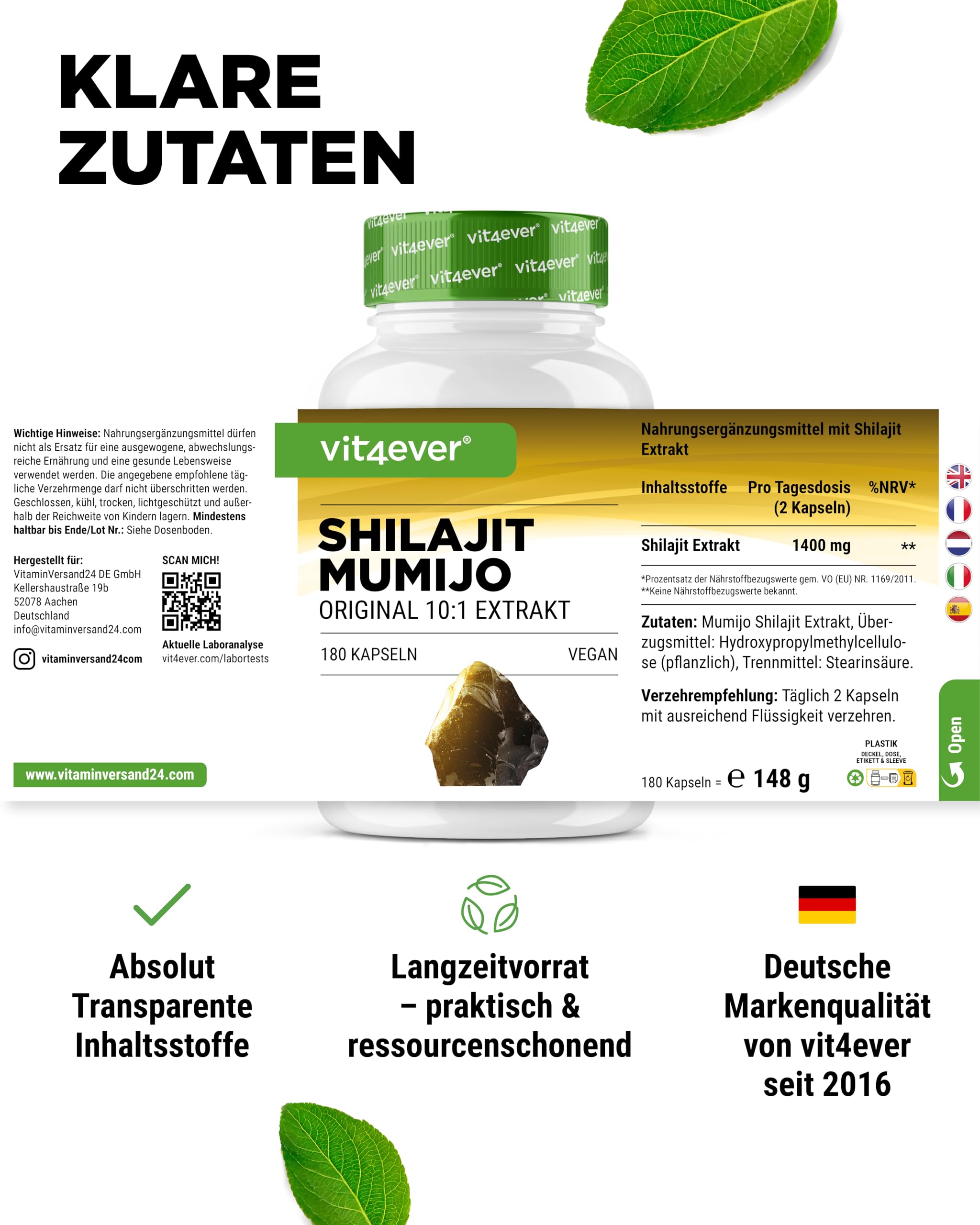 vit4ever Mumijo Shilajit - 180 Kapseln - 10:1-1400 mg - 10:1 Extrakt | 1400 mg pro Tagesdosis, hochdosiert, Original Himalaya 10:1 Extrakt, ohne unnötige Zusätze, vegan