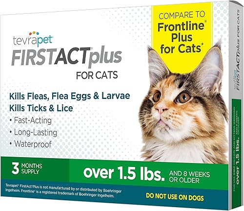 TevraPet FirstAct Plus Pulgas y garrapatas tópico para gatos de más de 15 libras 3 dosis de prevención de pulgas y garrapatas Control impermeable de