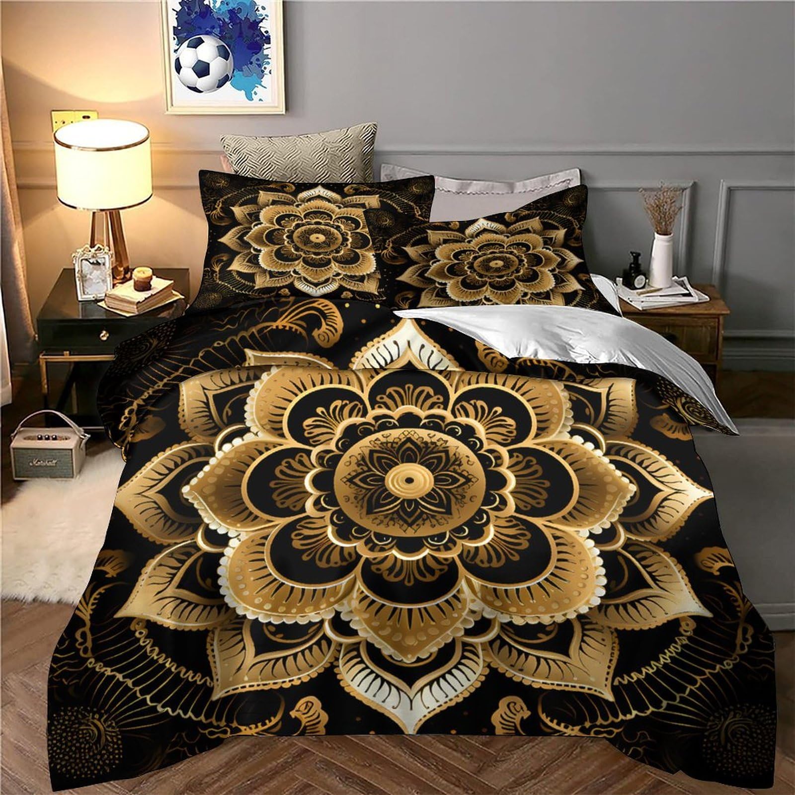 Stampa 3D Golden mandala Fodera copriletto Biancheria per letto Con federa Duraturo Ornate decorative art Rivestimento copriletto Morbido per studenti giovani coppie adolescenti Super king（260x220cm）