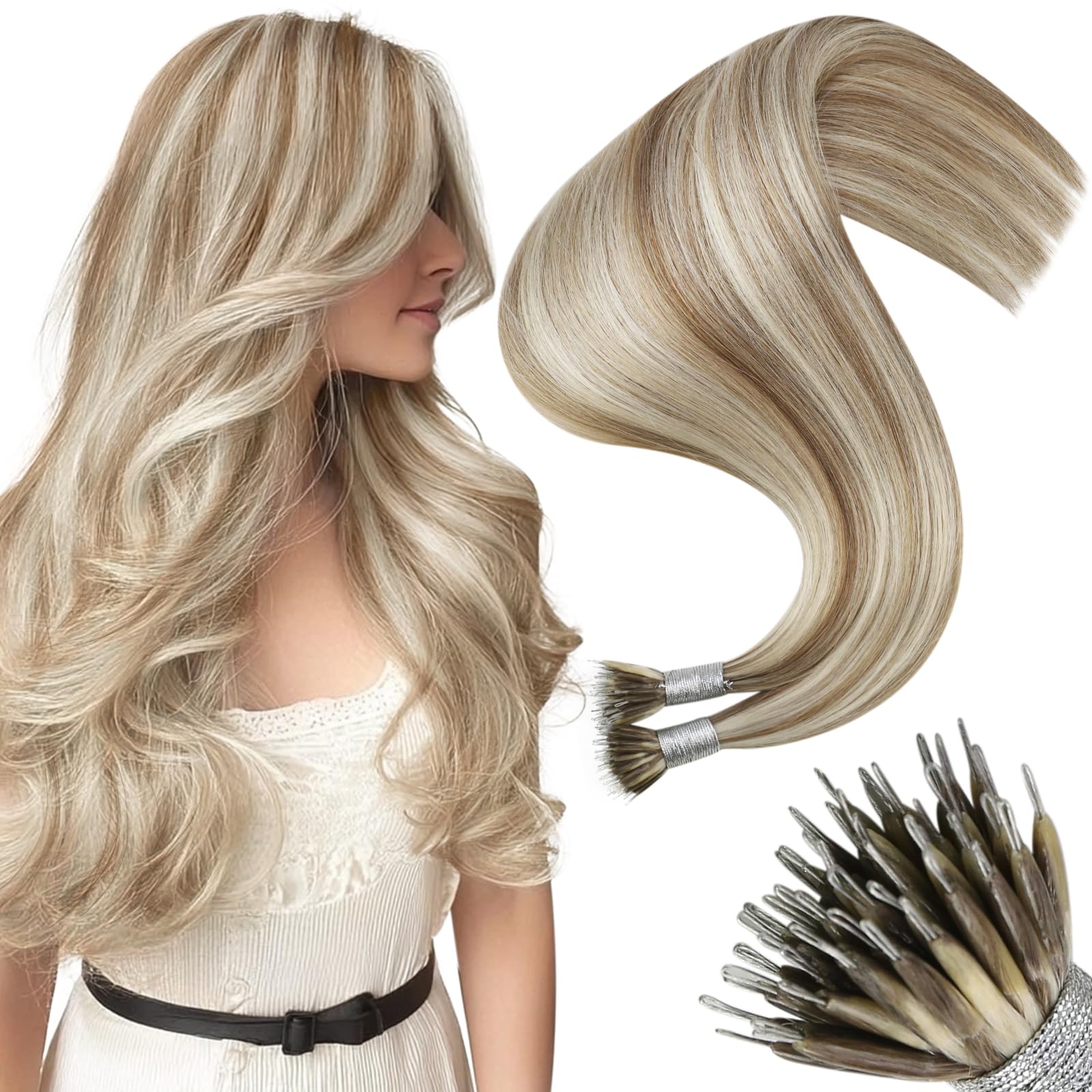Moresoo Nano Hair Extensions Human Hair Light Brown with Platinum Blonde Highlight Nano Bead Hair Extensions Human Hair Silky Soft for Add Length 50G/
