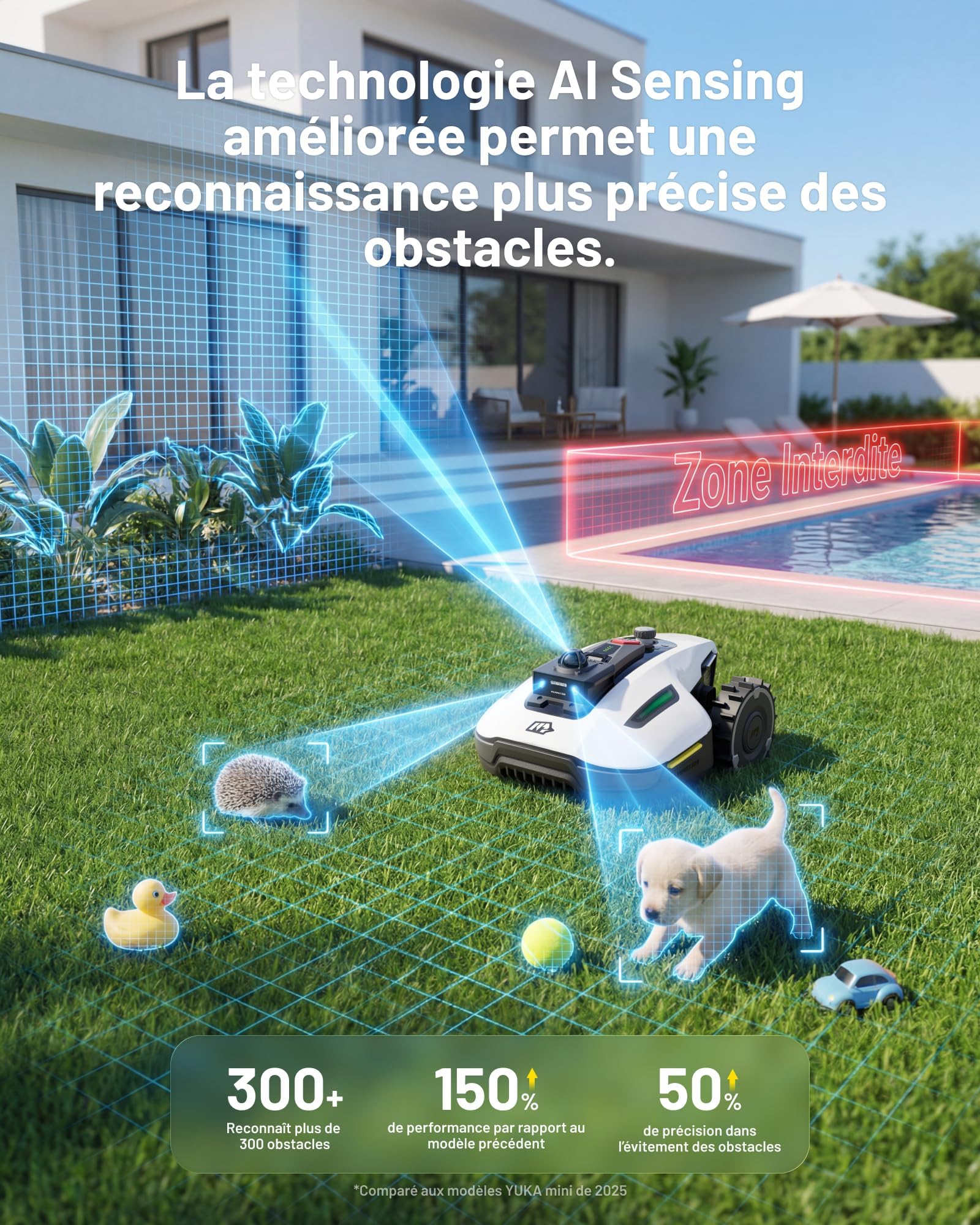 MAMMOTION YUKA Mini 2 1000 Robot Tondeuse sans Fil Périmétrique – Jusqu’à 1000 m², Navigation 360° LiDAR + caméra avec Pilotage par IA, détection de Plus de 300 Obstacles, DropMow, pentes de 45% - 4