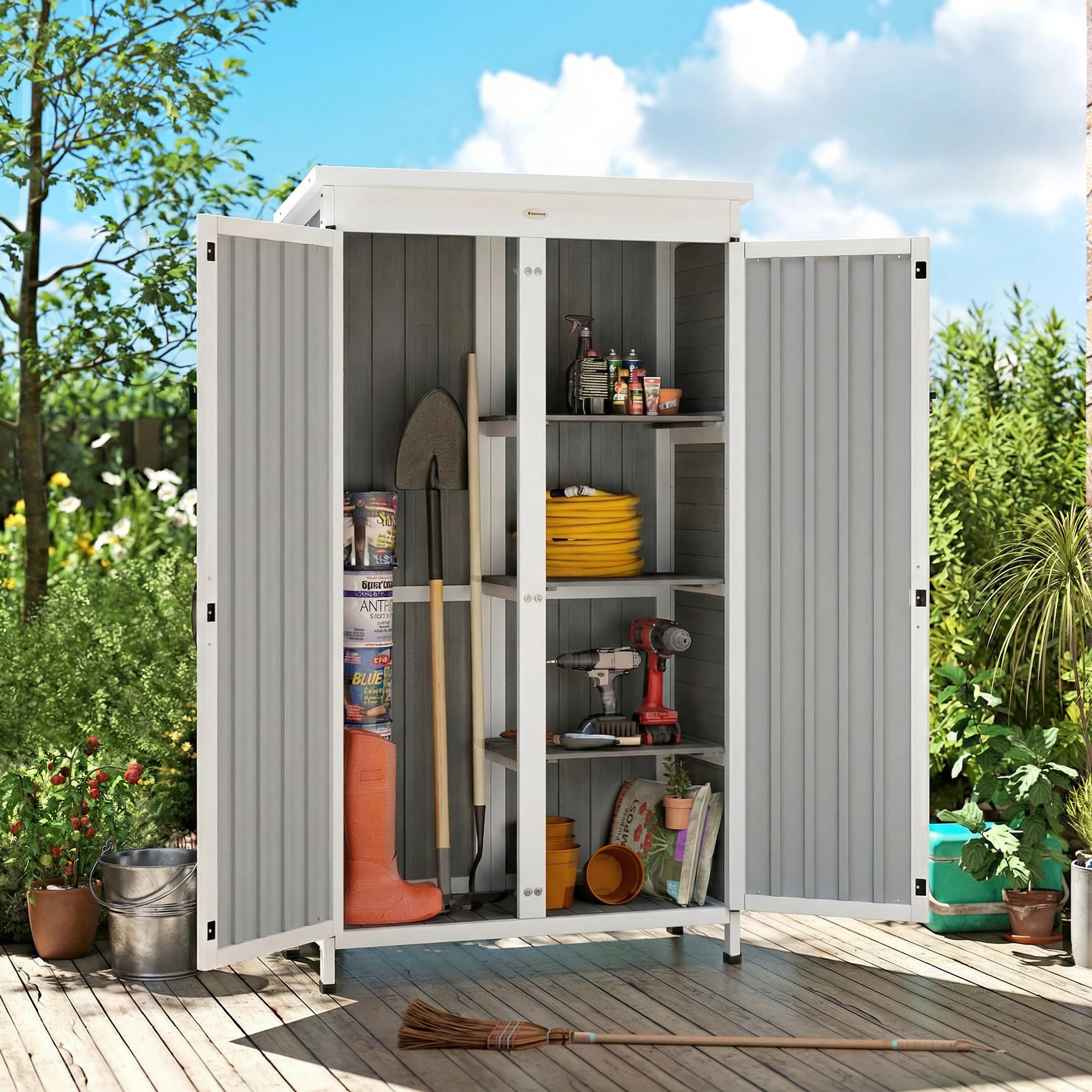Outsunny Armario de jardín de Madera de Abeto y Acero, caseta para Herramientas de jardín con Puerta con Cerradura, Techo de Asfalto, estantes extraíbles, cobertizo para Herramientas de Exterior, 94