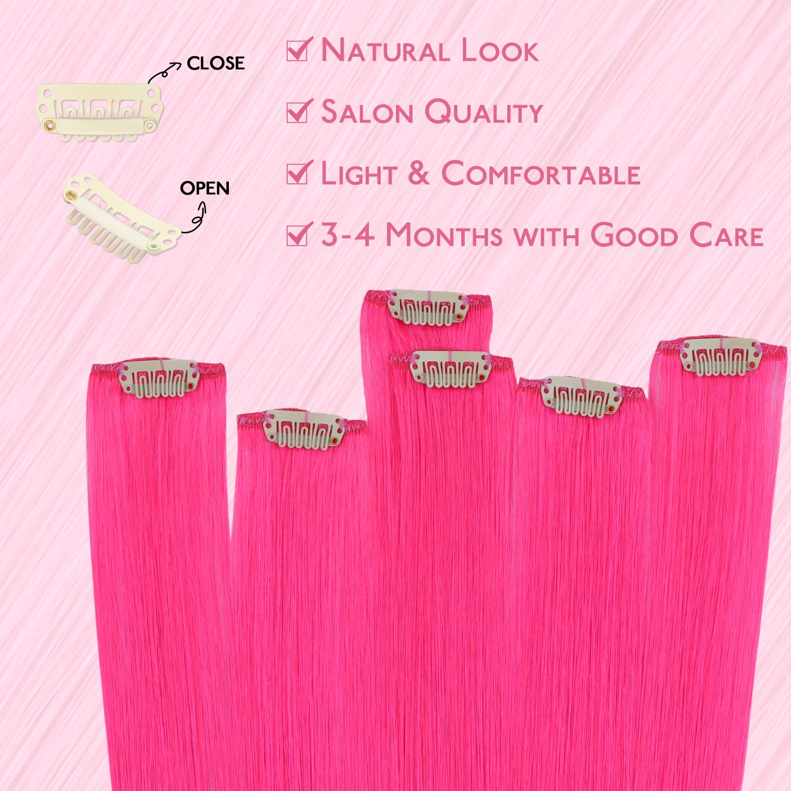 WENNALIFE Hot Pink Clip in Hair Extensions Real Human Hair 30g 6pcs 24 Inch Colored Extensions for Kids Women Colorful Hair Pieces Pop-up Style Straight De Cabello Humano Con Clip - Image 4