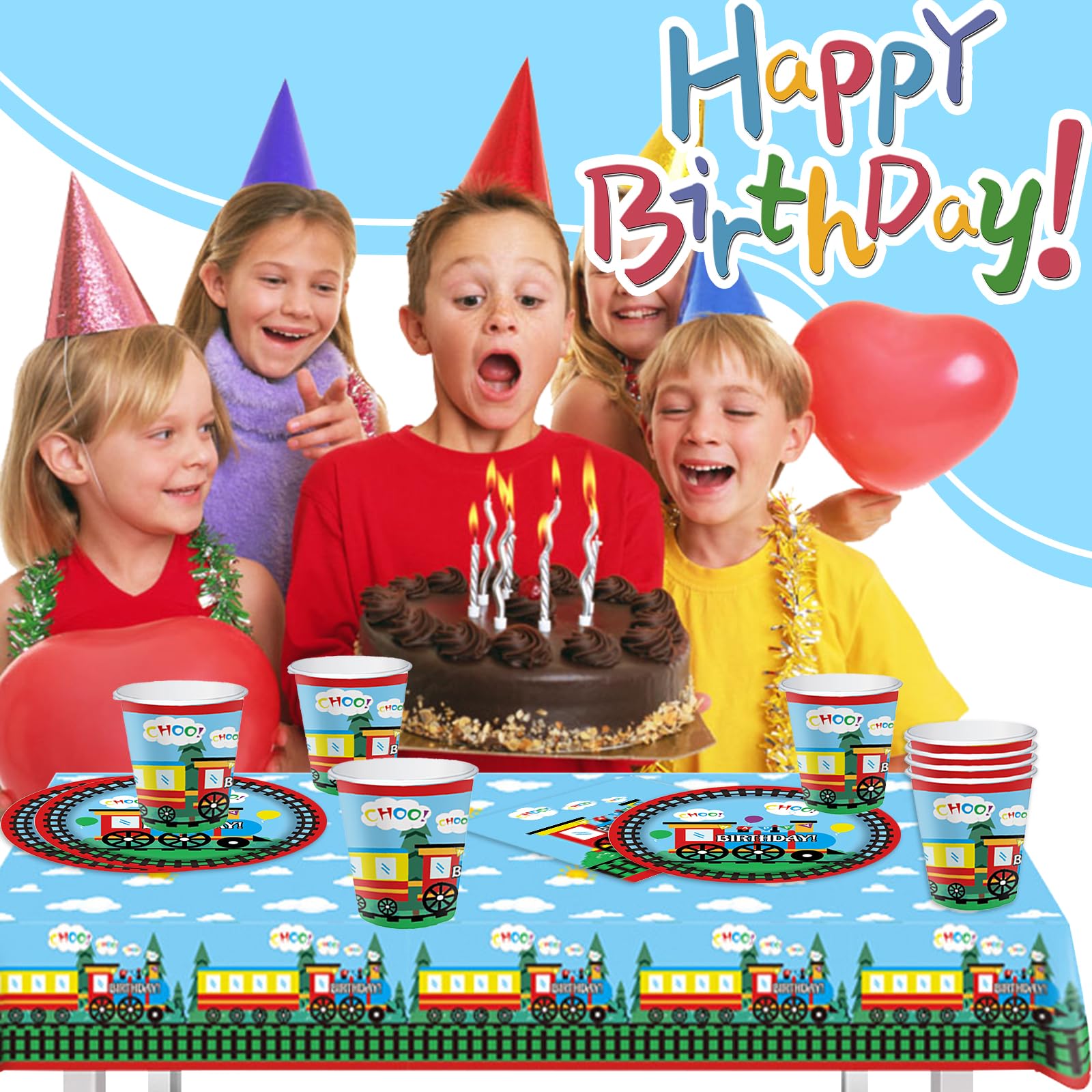 Set Stoviglie Compleanno Tema Treno - 49 Pezzi Con Tovaglia, Piatti, Bicchieri E Tovaglioli