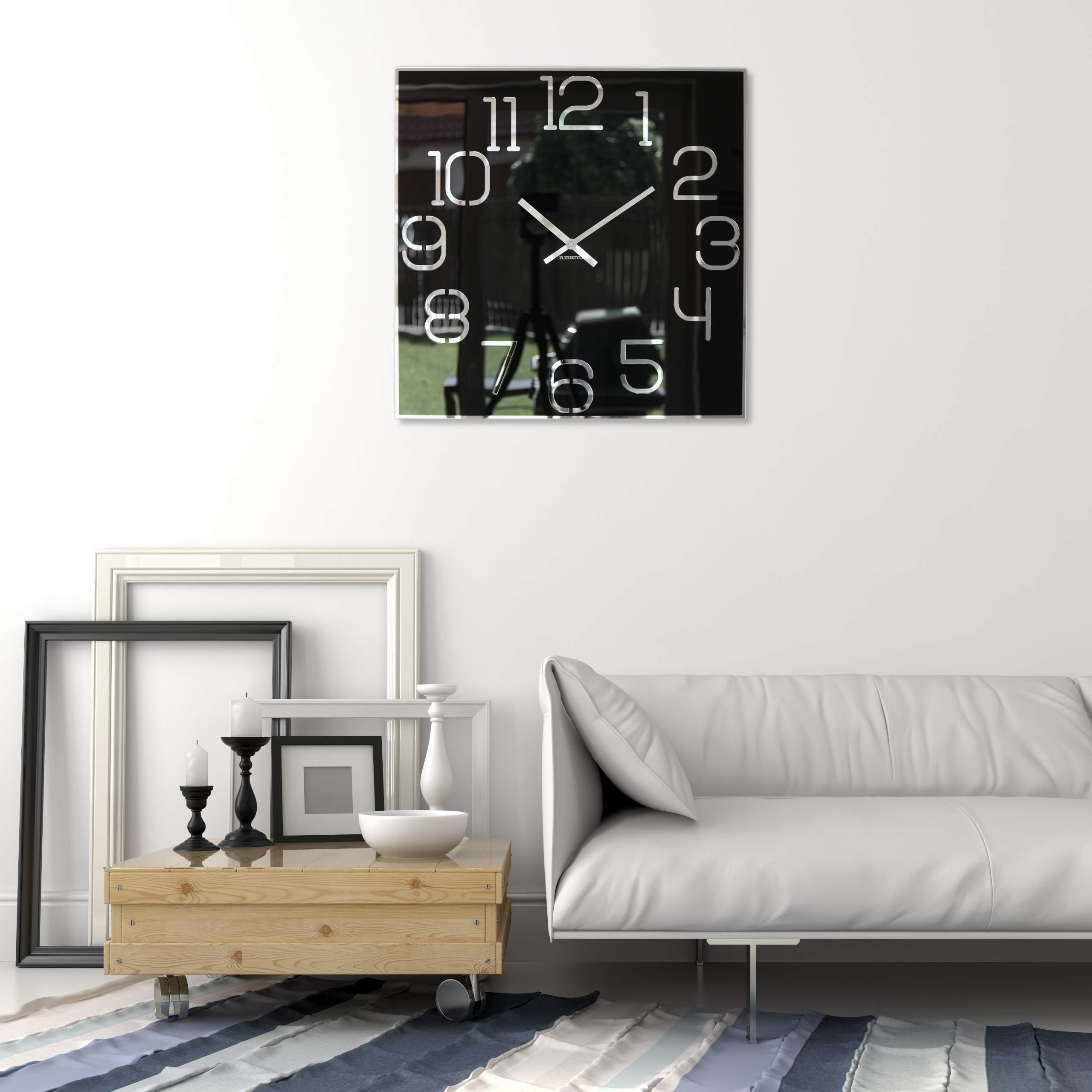FLEXISTYLE Moderne grote wandklok Exact 50cm, acrylglas en acrylspiegel, stilte, woonkamer, slaapkamer (zwart