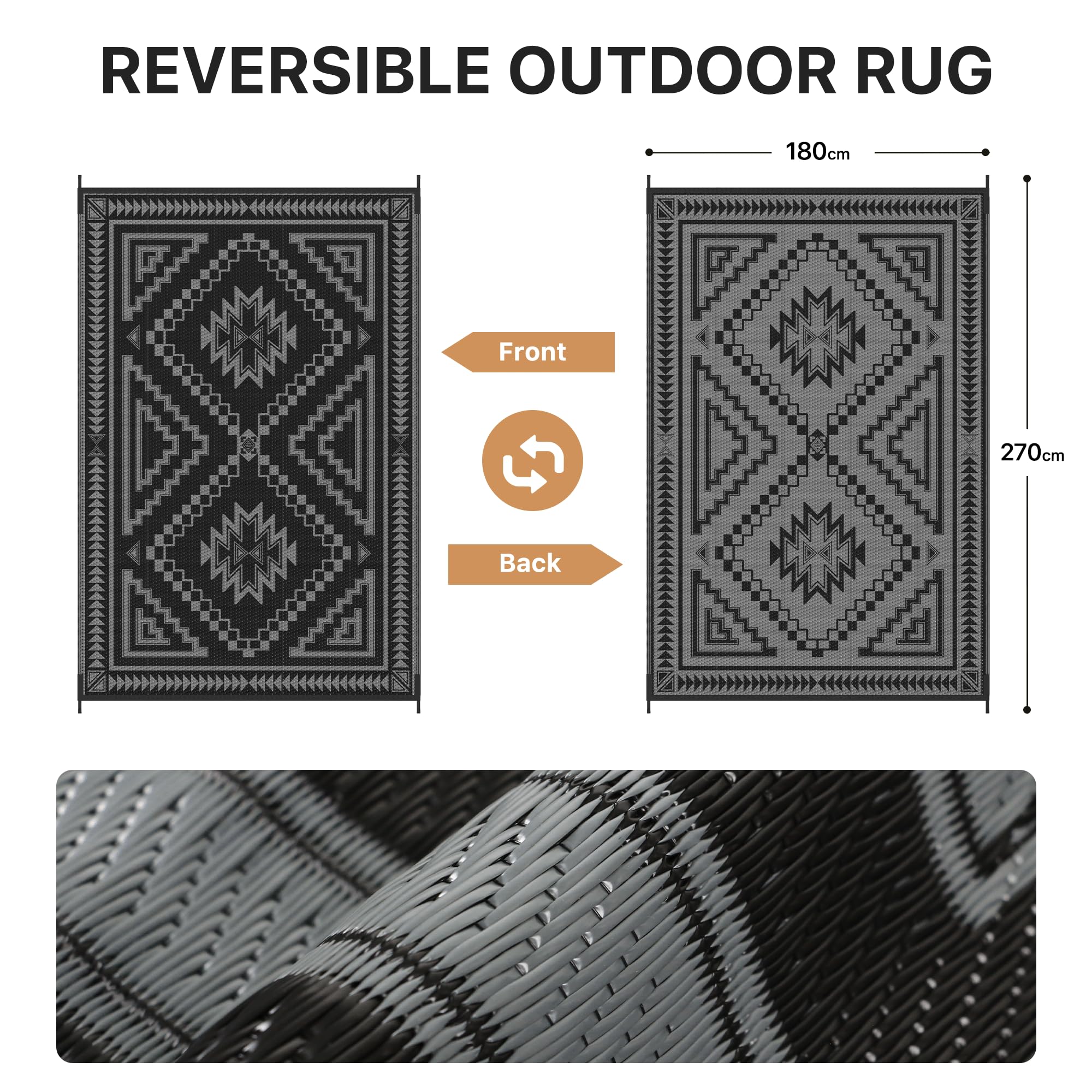 GENIMO Tappeto Outdoor Impermeabile 6x9 ft Reversibile Motivo Losanga Grigio Nero