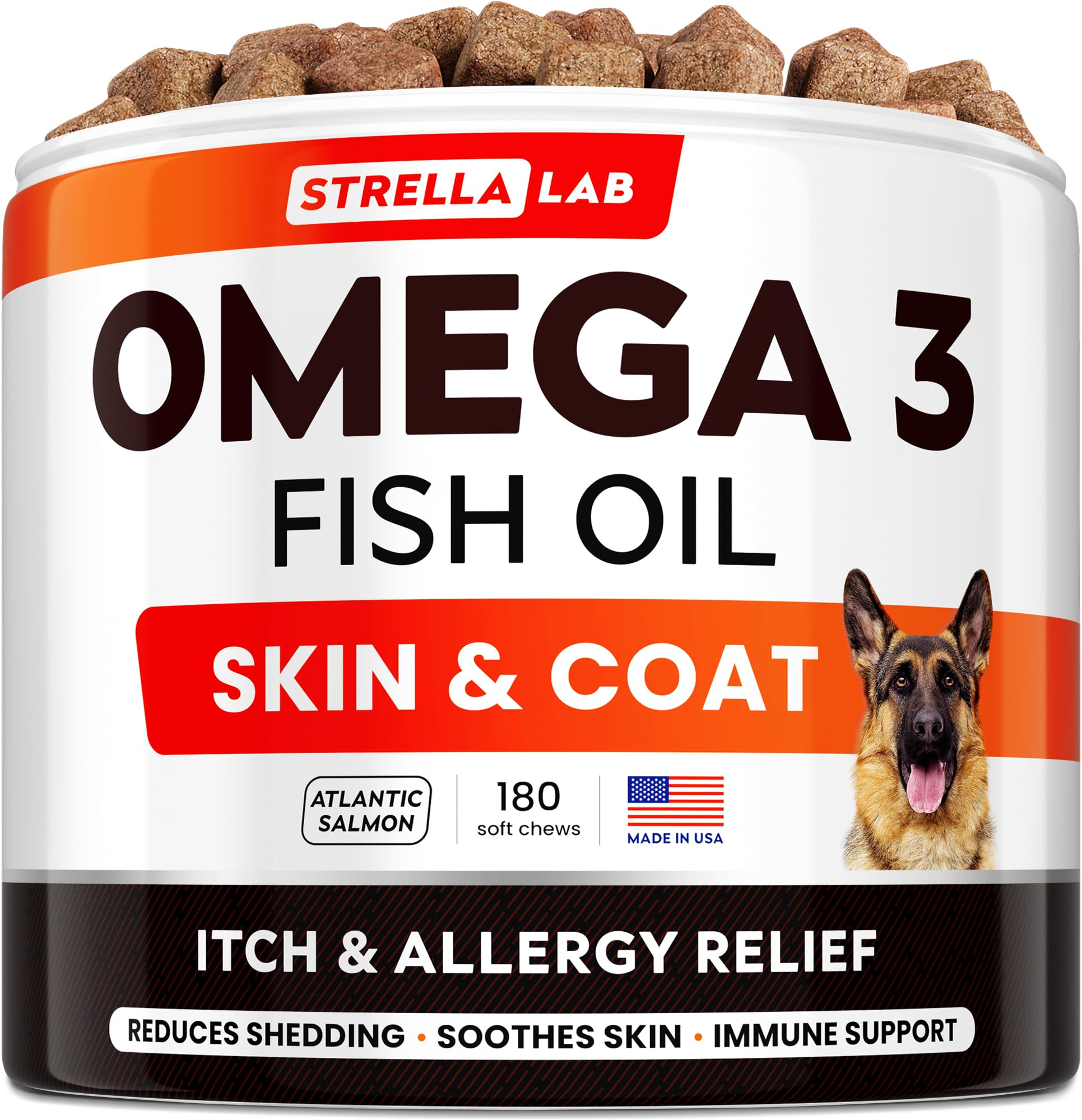 StrellaLab Omega 3 for Dogs - (180Ct) Fish Oil Treats - Allergy & Itch Relief Skin&Coat Supplement - Dry Itchy Skin, Shedding, Hot Spots Treatment, Anti Itch - Pet Salmon Oil Chews - Atlantic Salmon