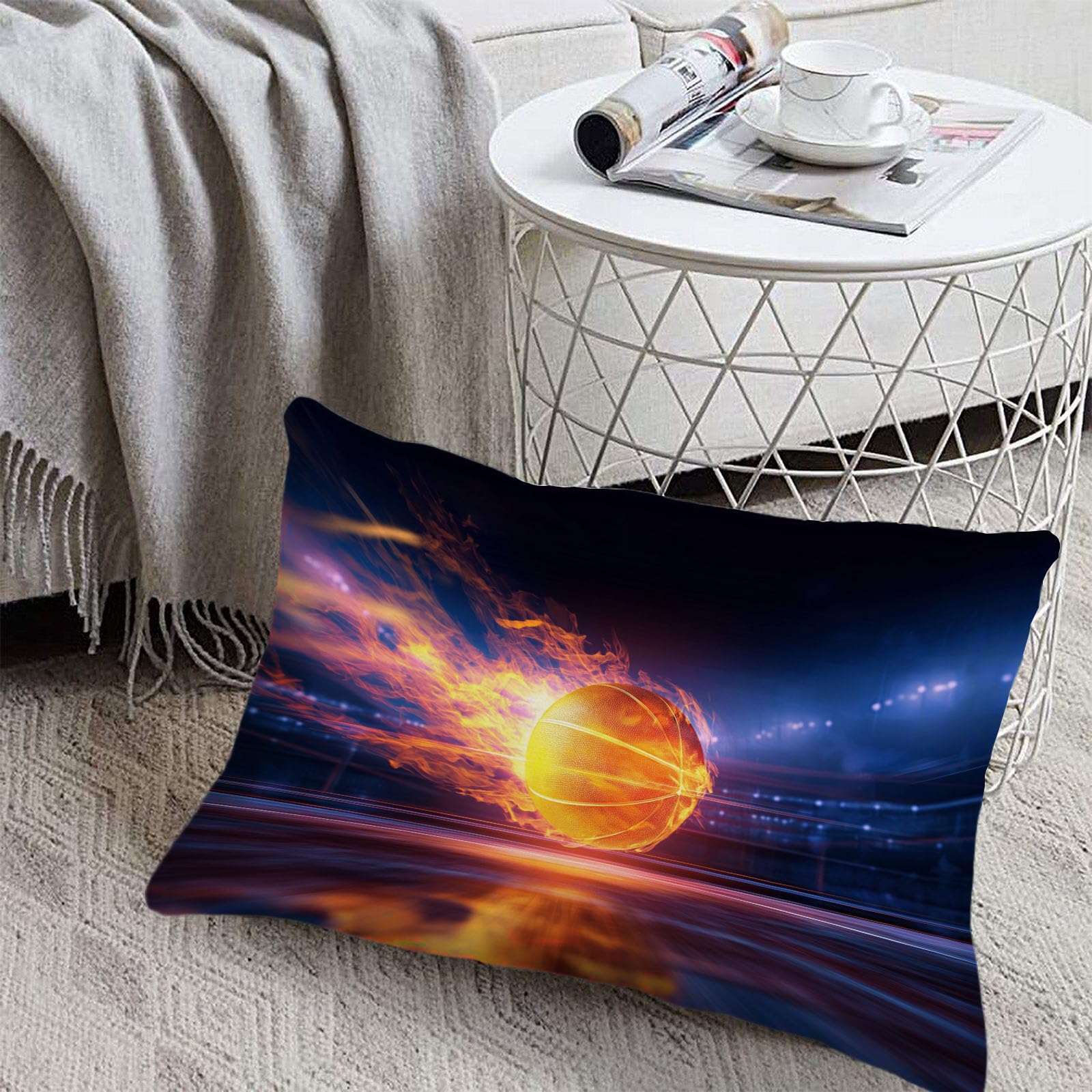 Sábanas 200X190/200Cm - Juego De Sábanas 3 Piezas Estampadas Baloncesto Flame - Microfibra Suave Transpirable - Sábana Bajera Ajustable - Ropa De Cama Estadio Moderno (Azul Marino)