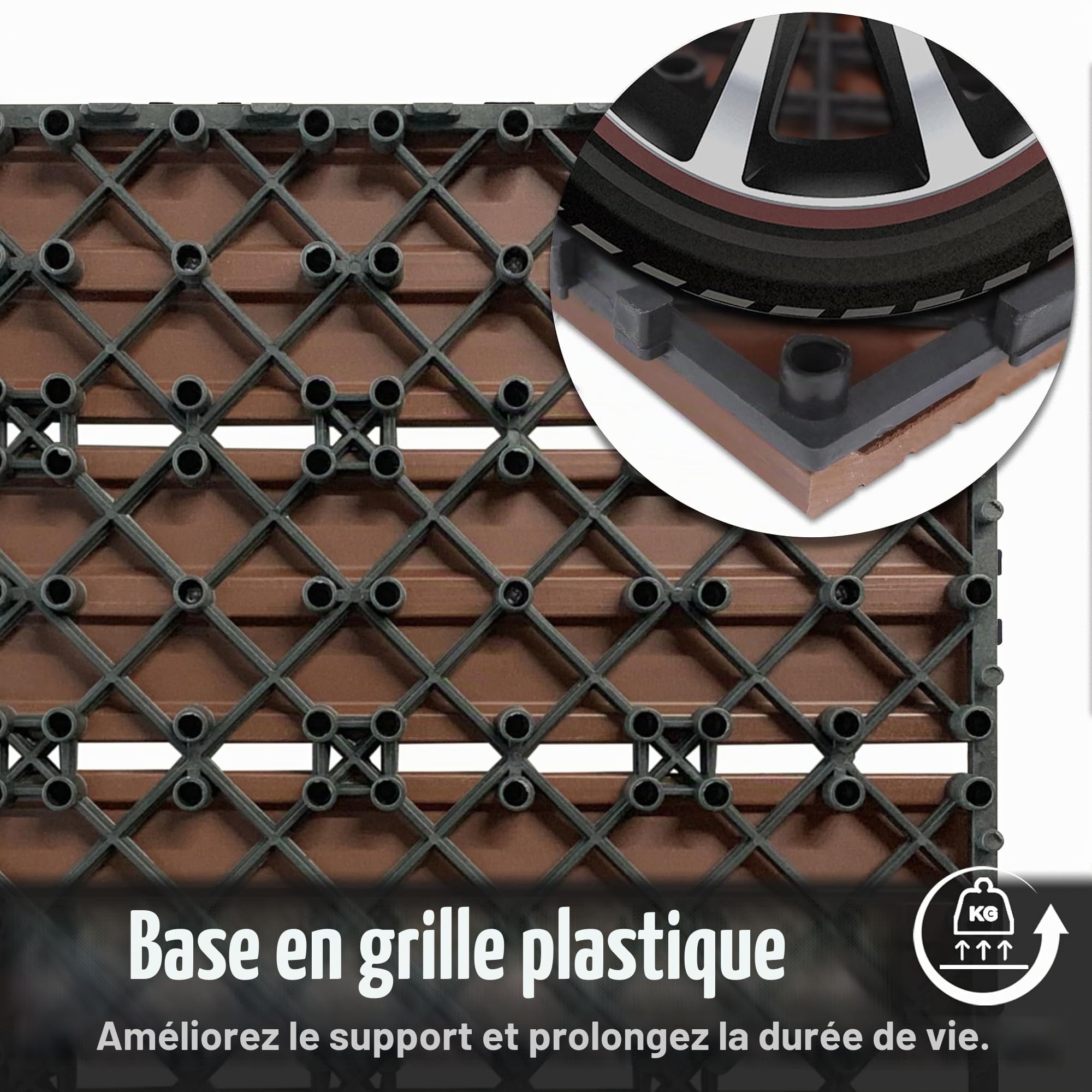 Froadp 30x30cm WPC Carrelage de sol en Plastique Composite, Revêtement de sol Extérieur, Dalles en Bois-plastique Extérieur, Caillebotis Système Plug-in pour Terrasse Jardin Balcon(11 pcs, Marron)