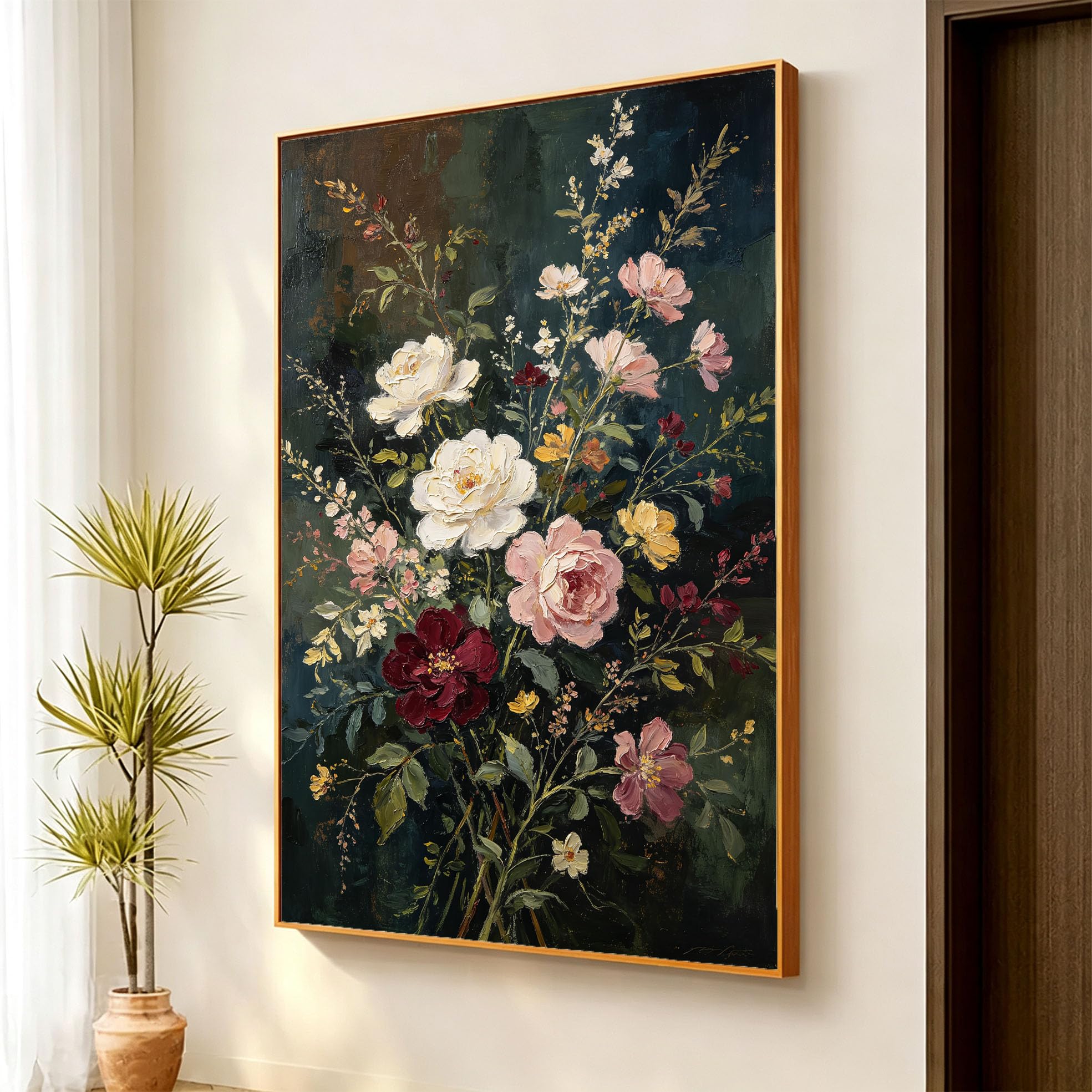 Modernes, 100% Handgemaltes Ölgemälde Mit Dunklen Blumen Auf Leinwand, Rahmenloses Abstraktes Blumenmotiv Für Wohnzimmer Und Heimdekoration, 120 X 200 Cm (47,2 X 78,7 Zoll)