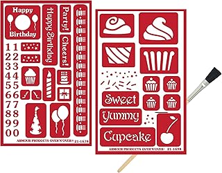 2 Armour Etch Over N Over Reusable Glass Etching Stencils - Happy Birthday Stencil, Cupcake, Baby Boy Baby Girl Stencils Set | Baby Shower, Party, Celebration Self Adhesive Etch Stencils with Brush