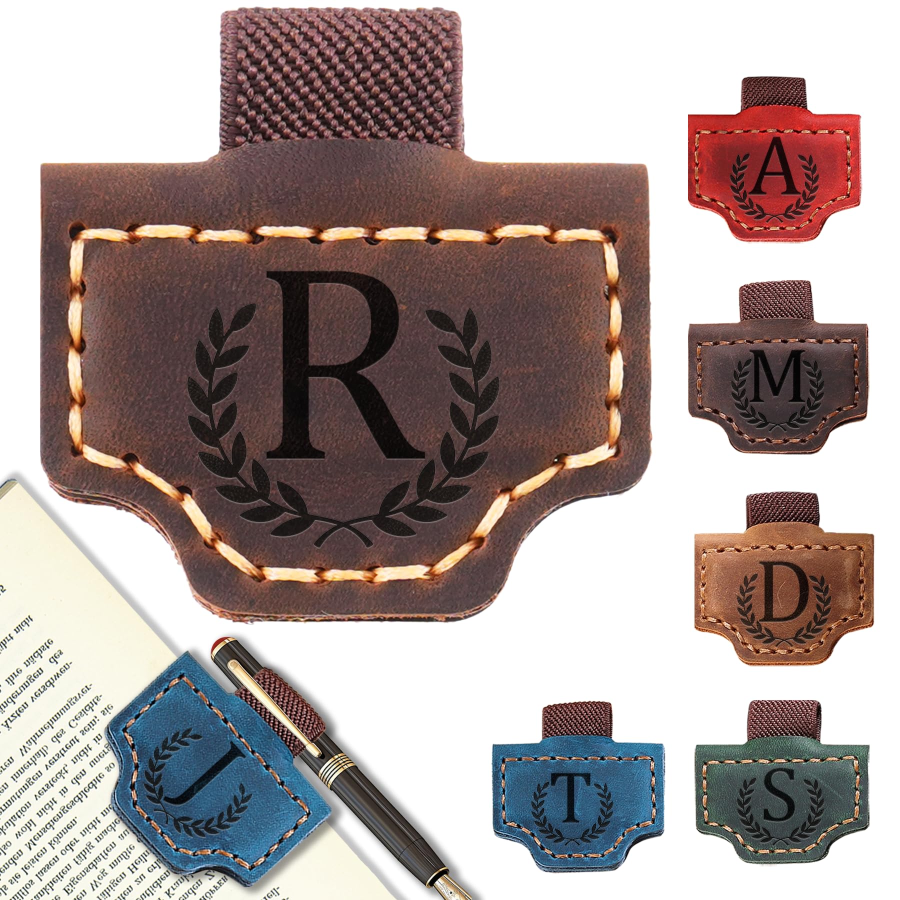 Personalized Leather Magnetic Bookmark with Pen Holder, Bookmark 26 Letters Name Initial Bookmarks for Readers, Book Lover Gifts for Women Men