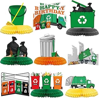 9 Pcs Garbage Truck Birthday Party Supplies Garbage Honeycomb Table Centerpiece Garbage Truck Table Toppers Centerpieces Trash Truck Birthday Party Supplies for Birthday Baby Shower Party Decorations