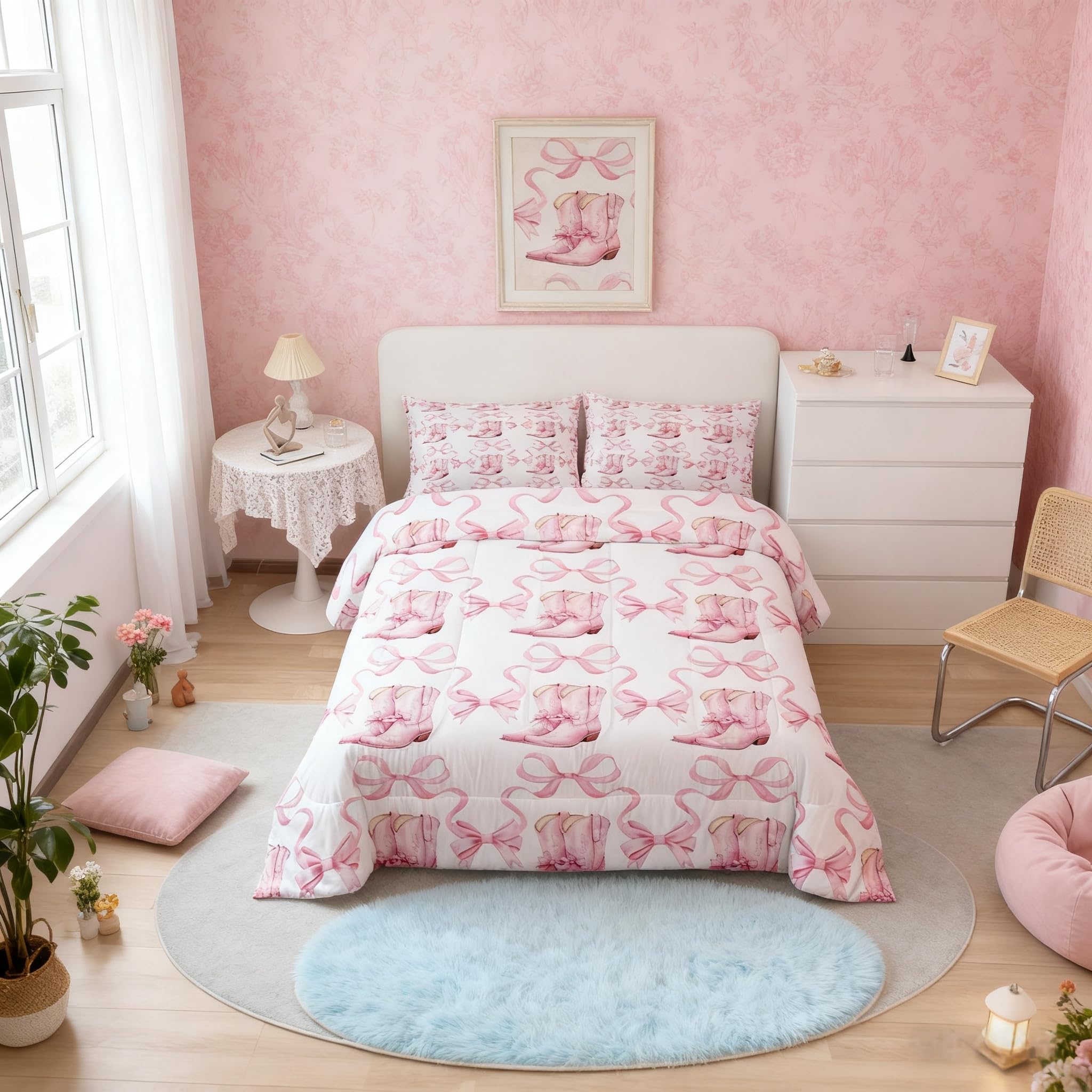Feelingyou Baby Pink White Cowgirl Boots Comforter Set King Size,Western Cowgirl Theme Princess Style Bedding Set 3 Pcs For Teens Adults,Watercolor Pink Bowknot Ribbon Bow-Tie Stripes Down Comforter,2 Pillowcases