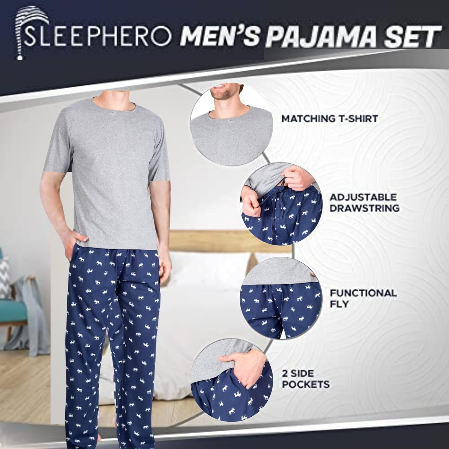 Men’s Pajama Set 2 Piece PJ with Crew Neck Tee and Pants - Image 5