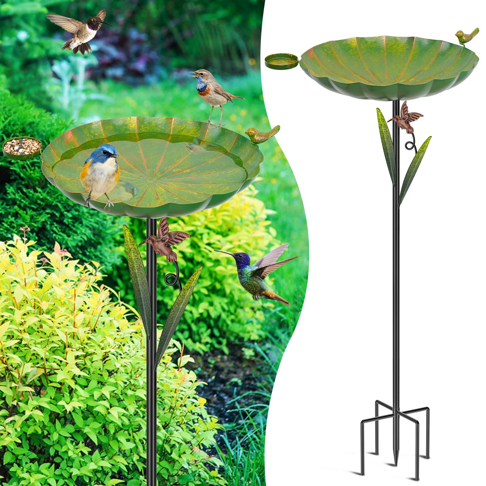 Baño de metal para pájaros para exteriores, base desmontable resistente de 5 puntas con cuenco y pájaros decorativos, comedero de hierro duradero para jardín, patio, decoración de patio (verde